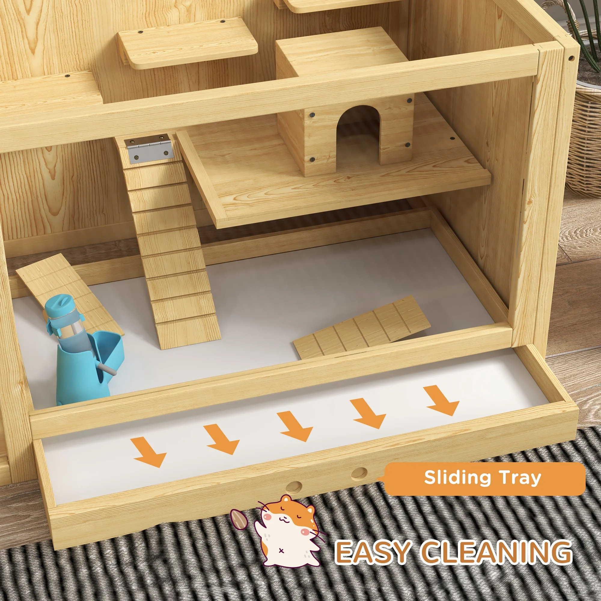 PawHut Extra Large Wooden Hamster Cage with Pull-out Tray, Seesaws, Ladder