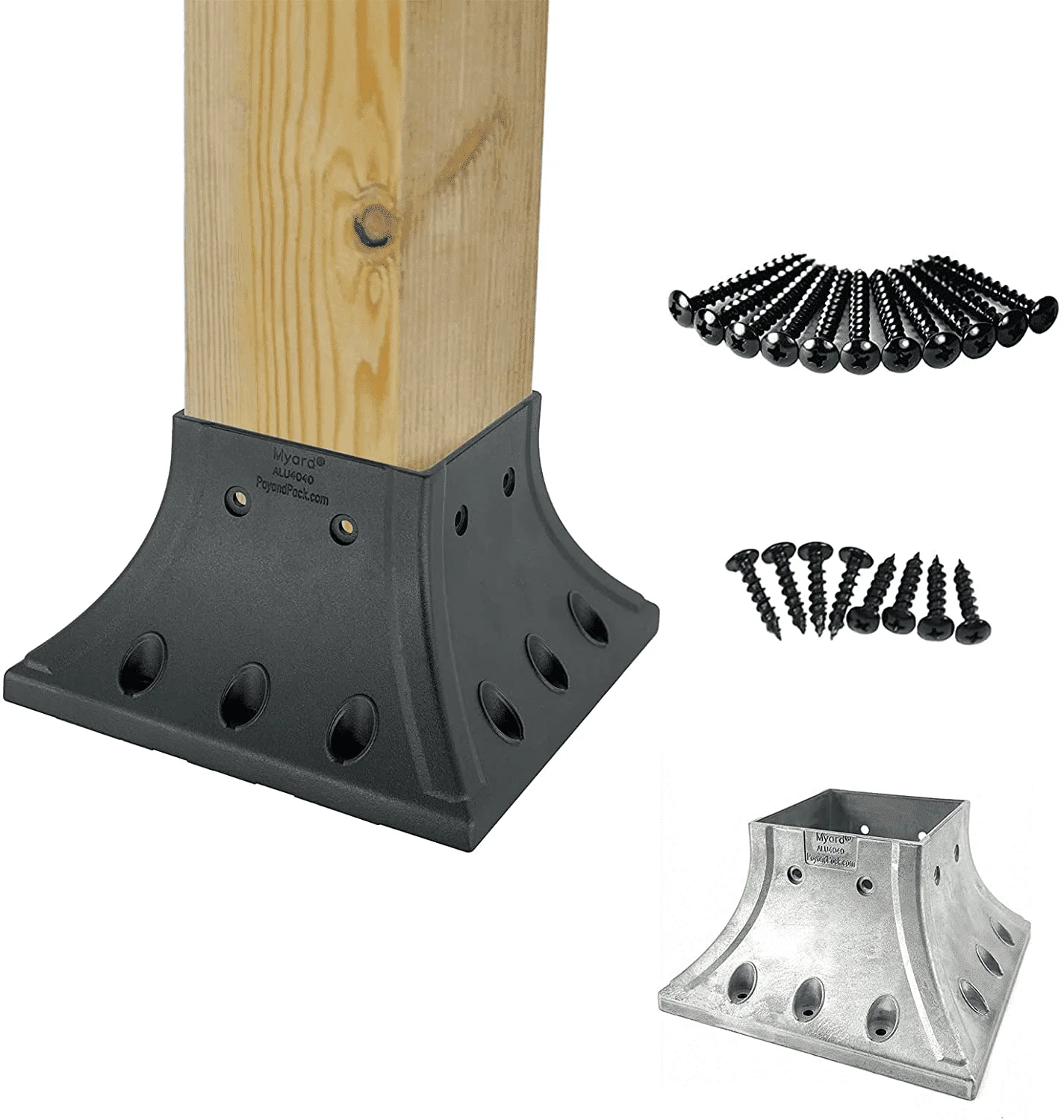 Myard 4X4 (Actual 3.5X3.5) Inches Aluminum Deck Post Base Cover Flange with Screws for Decking Patio Railing Handrail Fence Anchor (Qty 1, Black)