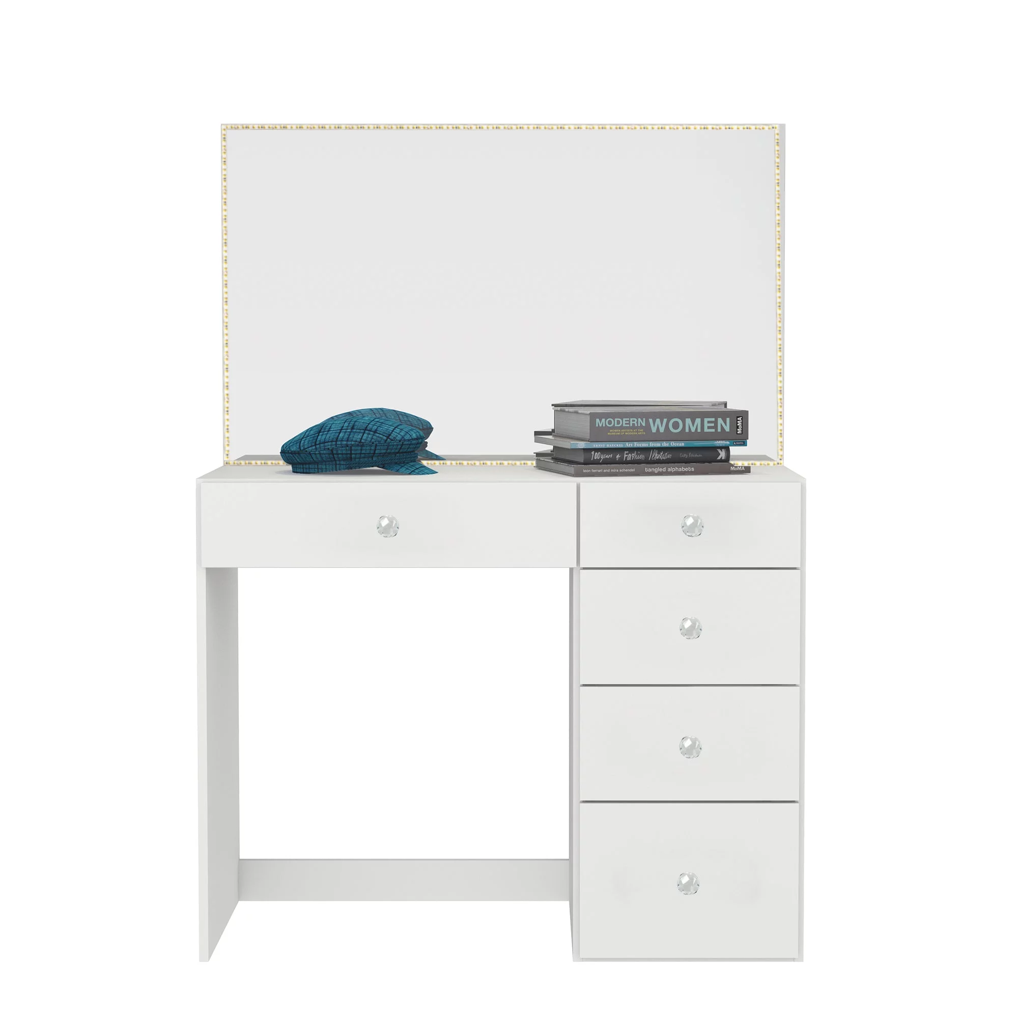 Boahaus Gaia Modern Makeup Vanity Desk with Mirror, LED Lights, Crystal Ball Knobs, White