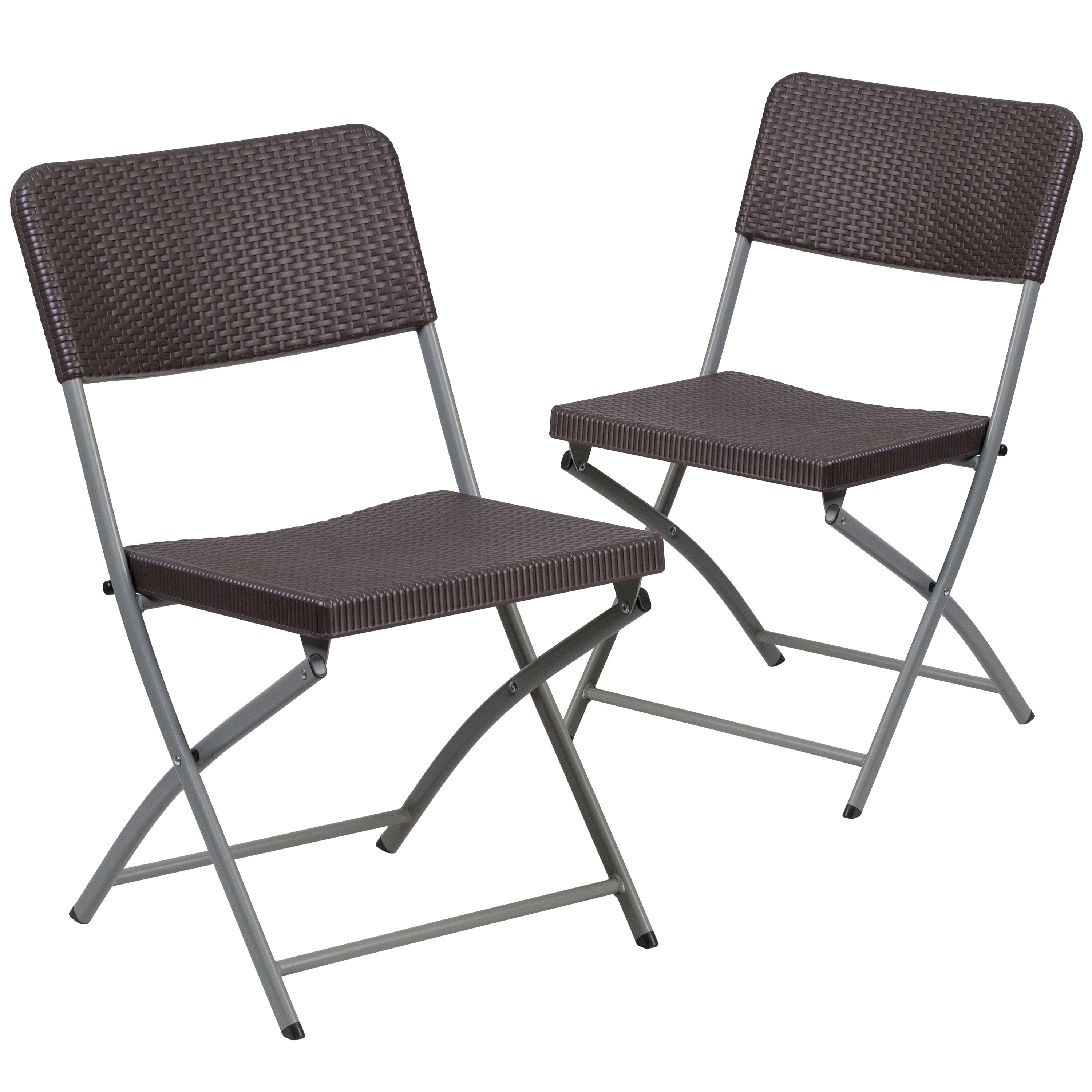 BizChair 2 Pack Brown Rattan Plastic Folding Chair with Gray Frame
