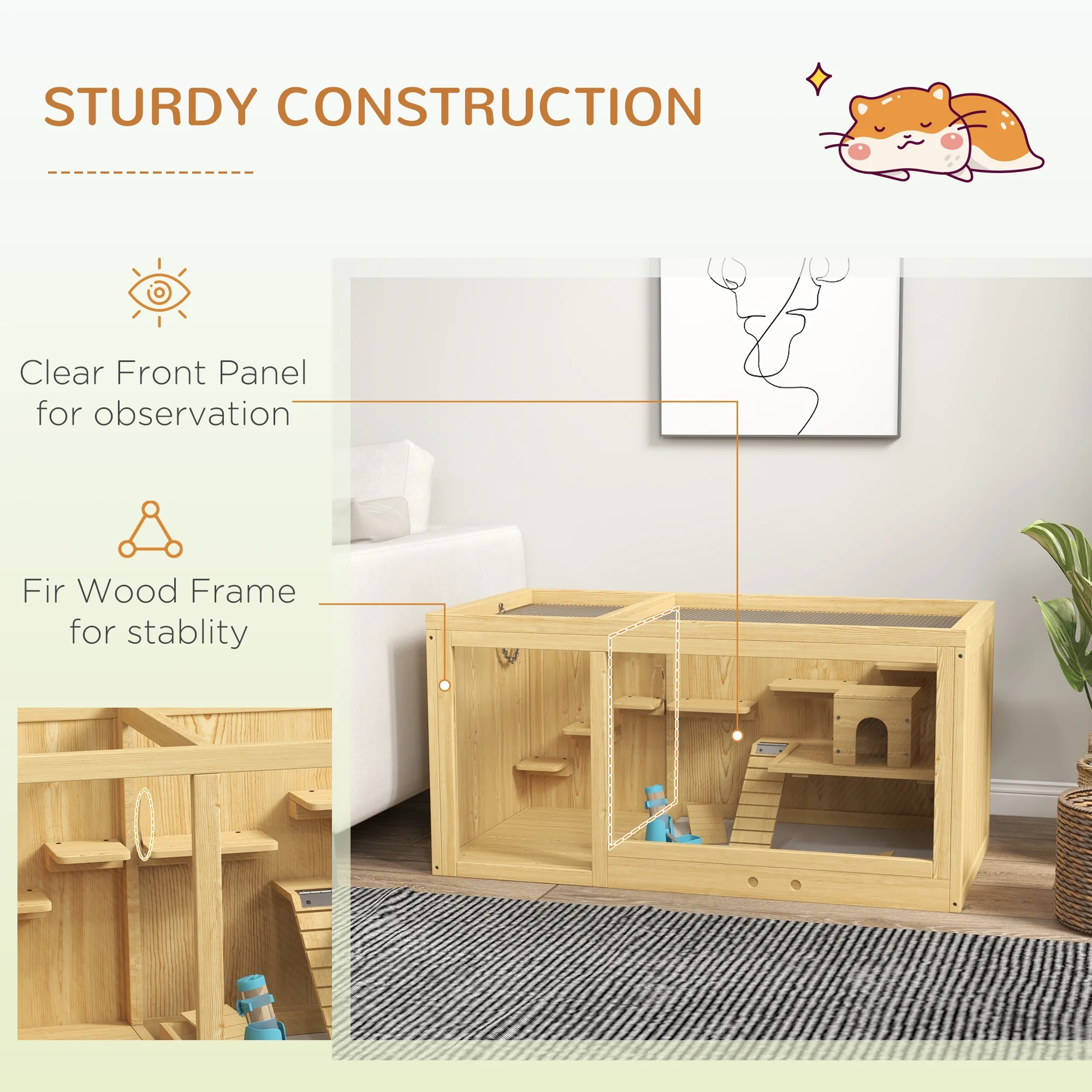PawHut Extra Large Wooden Hamster Cage with Pull-out Tray, Seesaws, Ladder