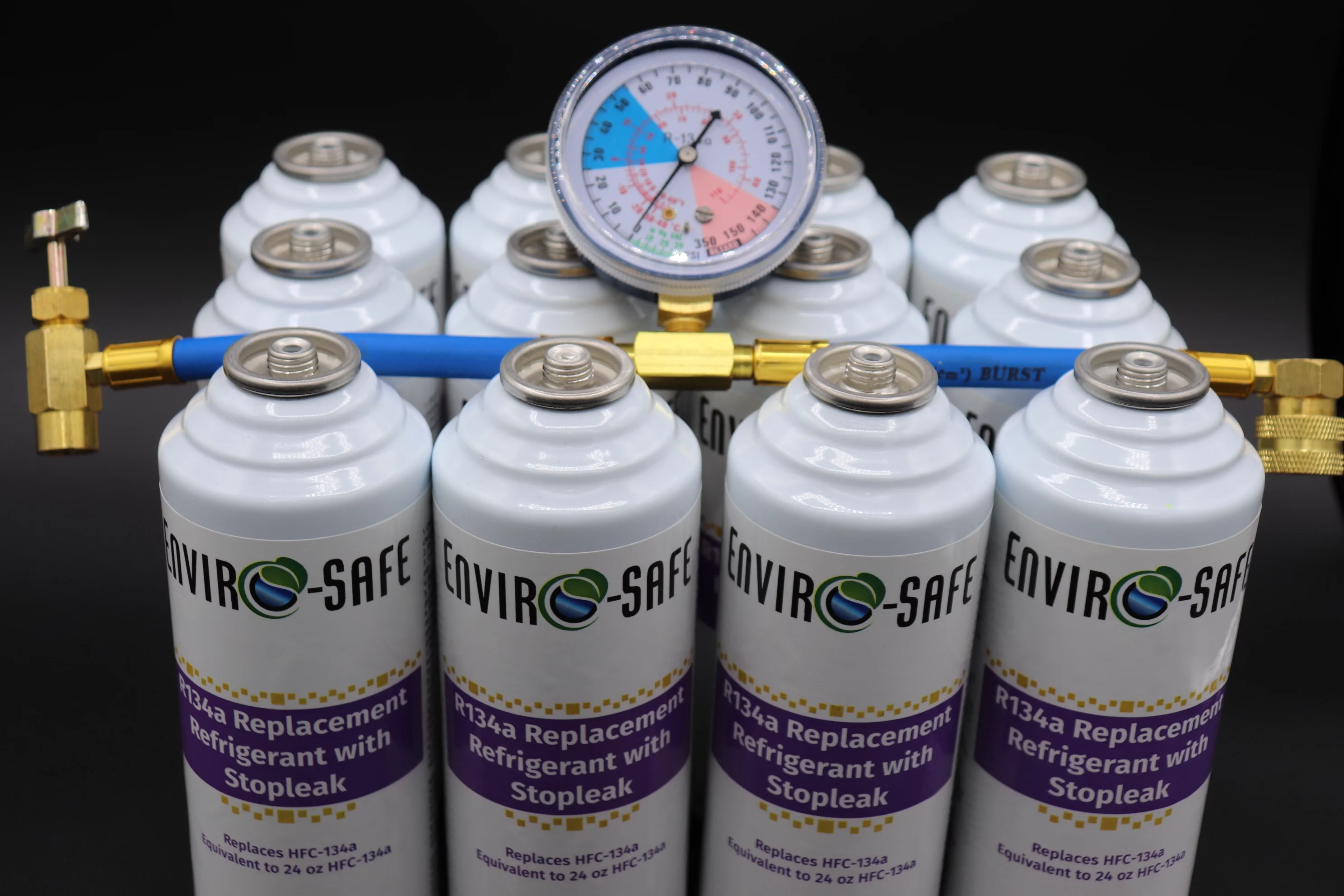 R134a Refrigerant replacement with stop leak, case of 12 and Brass gauge, R134, r134a