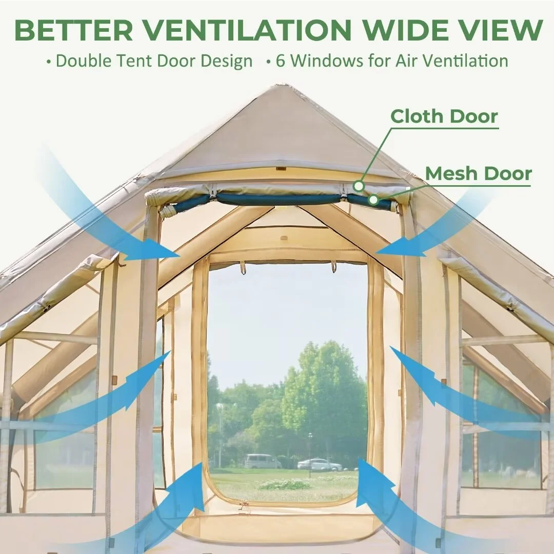 Docred Inflatable Glamping Tent with Pump, 4-6 Person Extra Large Inflatable House Tents ,Glamping Tents Sun Shelter with Mesh & Chimney Window