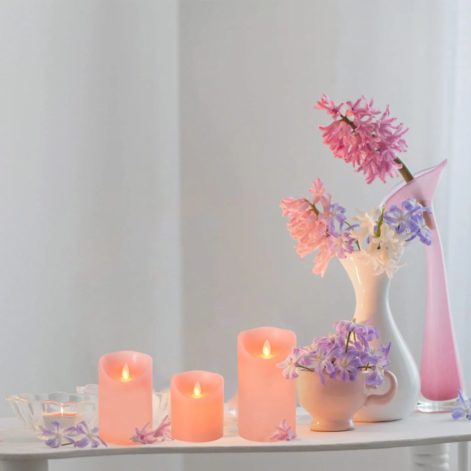OSHINE Flameless Candles Valentine's Gift 3-Pack Pink Battery Operated Candles Electric Flickering Pillar LED Candles with 10-Key Remote & 24 Hours Timer, Ivory Real Wax Candles for Home Decor
