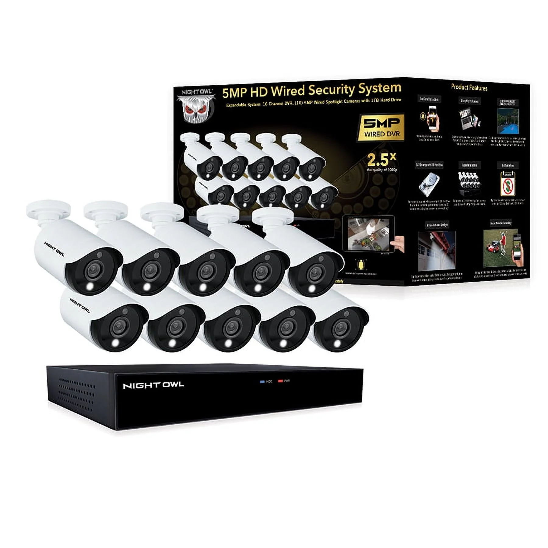 Night Owl 16 Channel DVR, (10) 5MP Wired Spotlight Cameras with 1TB Hard Drive