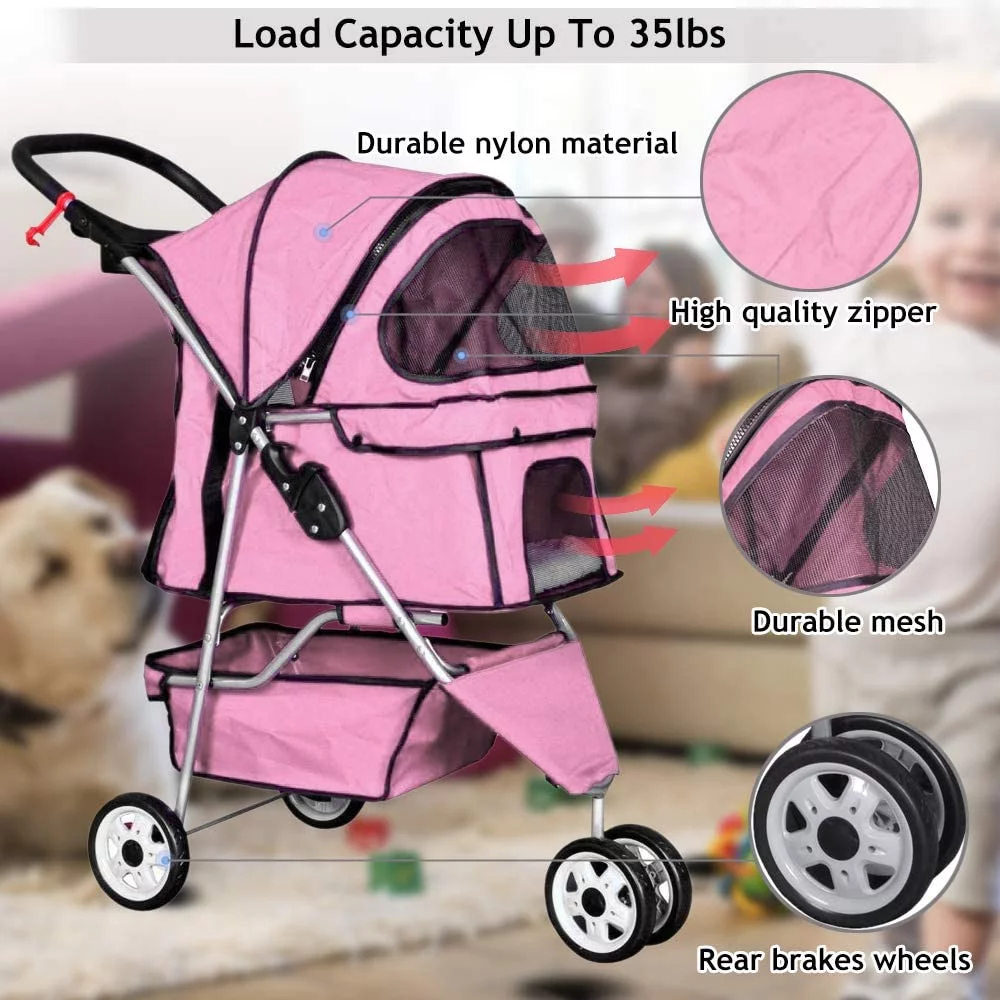 3 Wheel Dog Stroller Folding Pet Stroller Travel Dog Carriers for Small Dogs with Free Pad & Cup Holder, Pink