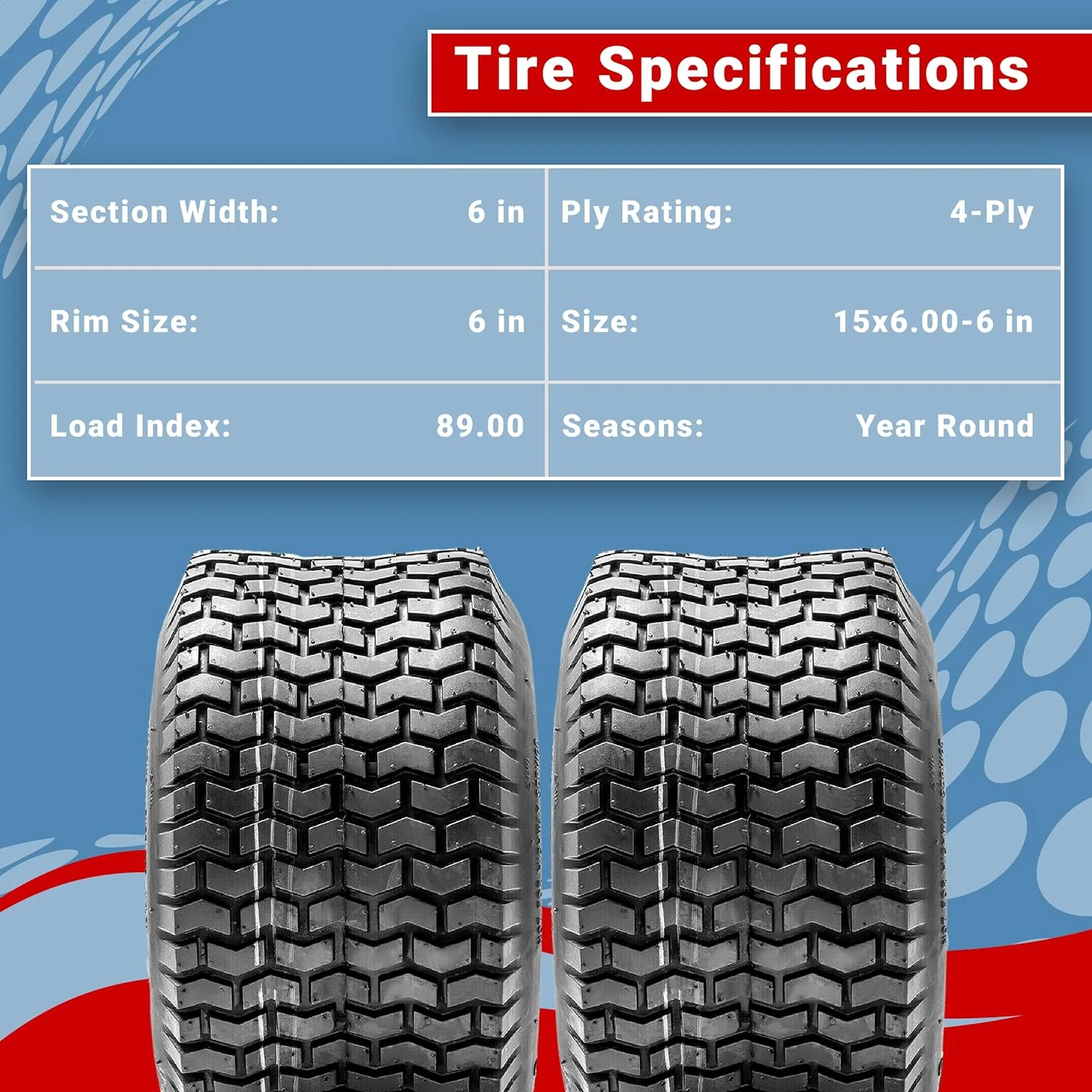 Two 15x6.00-6 Turf Tire 4 Ply Lawn Mower Tractor 15x6-6 Nhs Tubeless 15x6x6