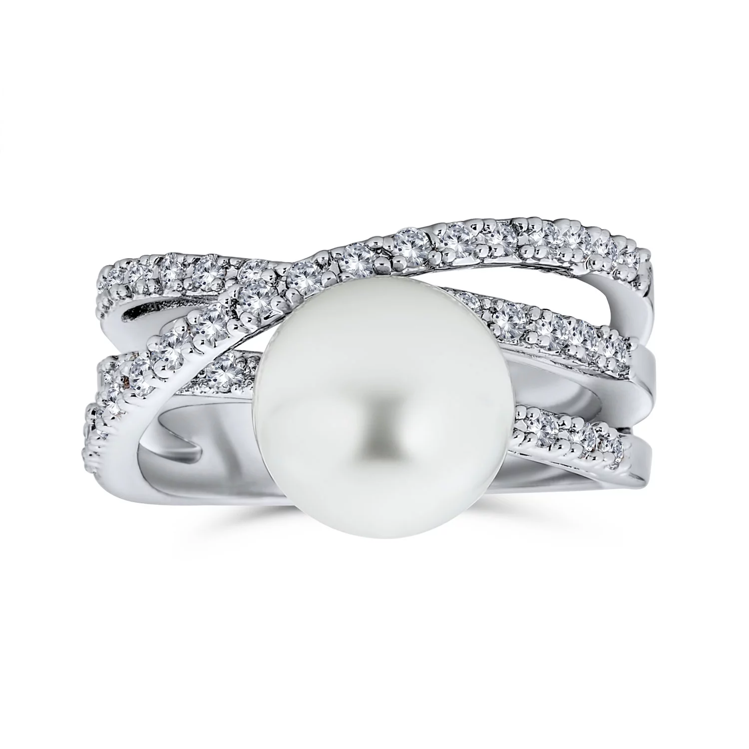 Bling Jewelry Criss Cross Pave CZ Solitaire White Imitation Pearl Statement Ring