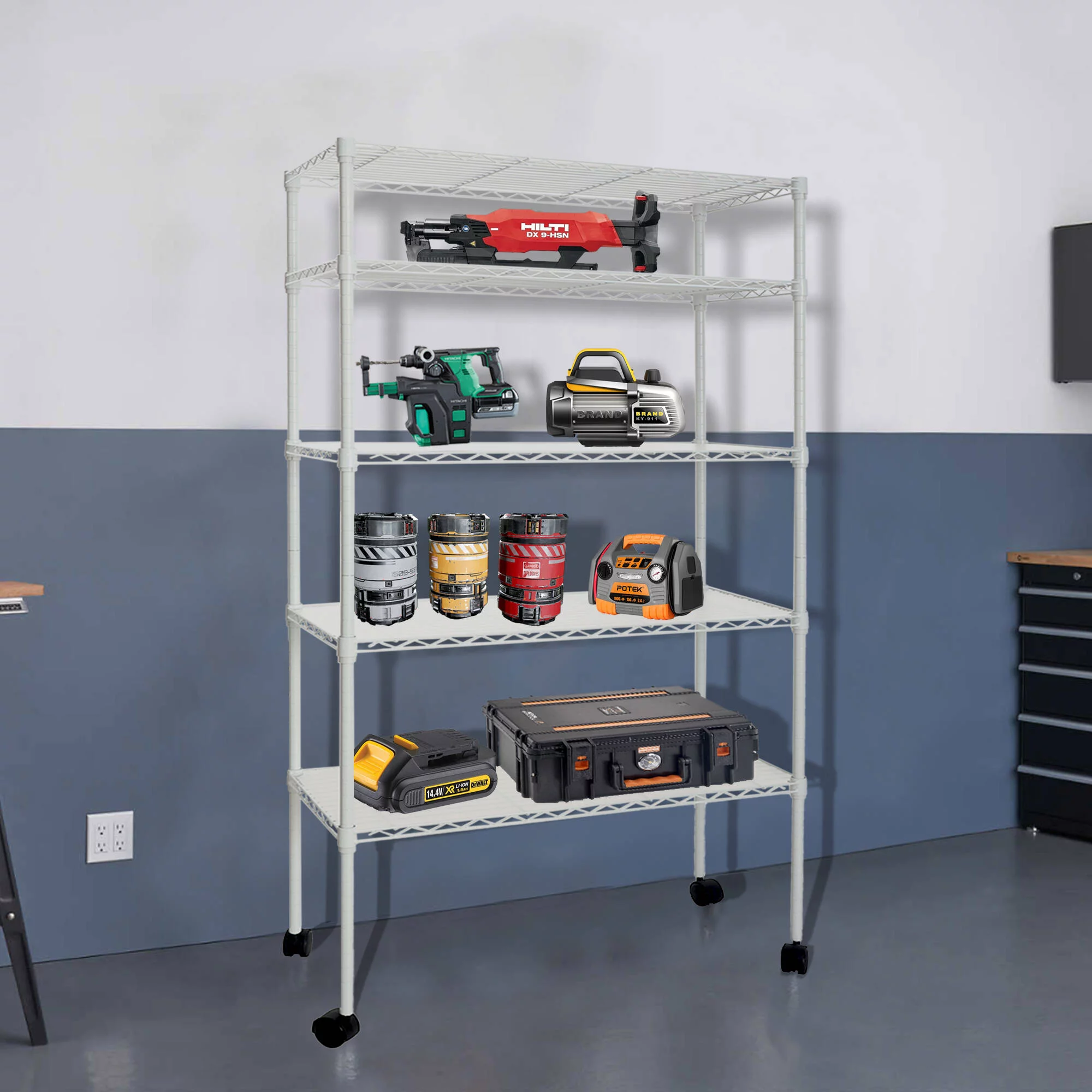 Ufurpie 5-Tier 750 lbs Metal Shelving Unit with Wheels,Adjustable Wire Large Storage Shelves,for Kitchen Garage Bathroom,White