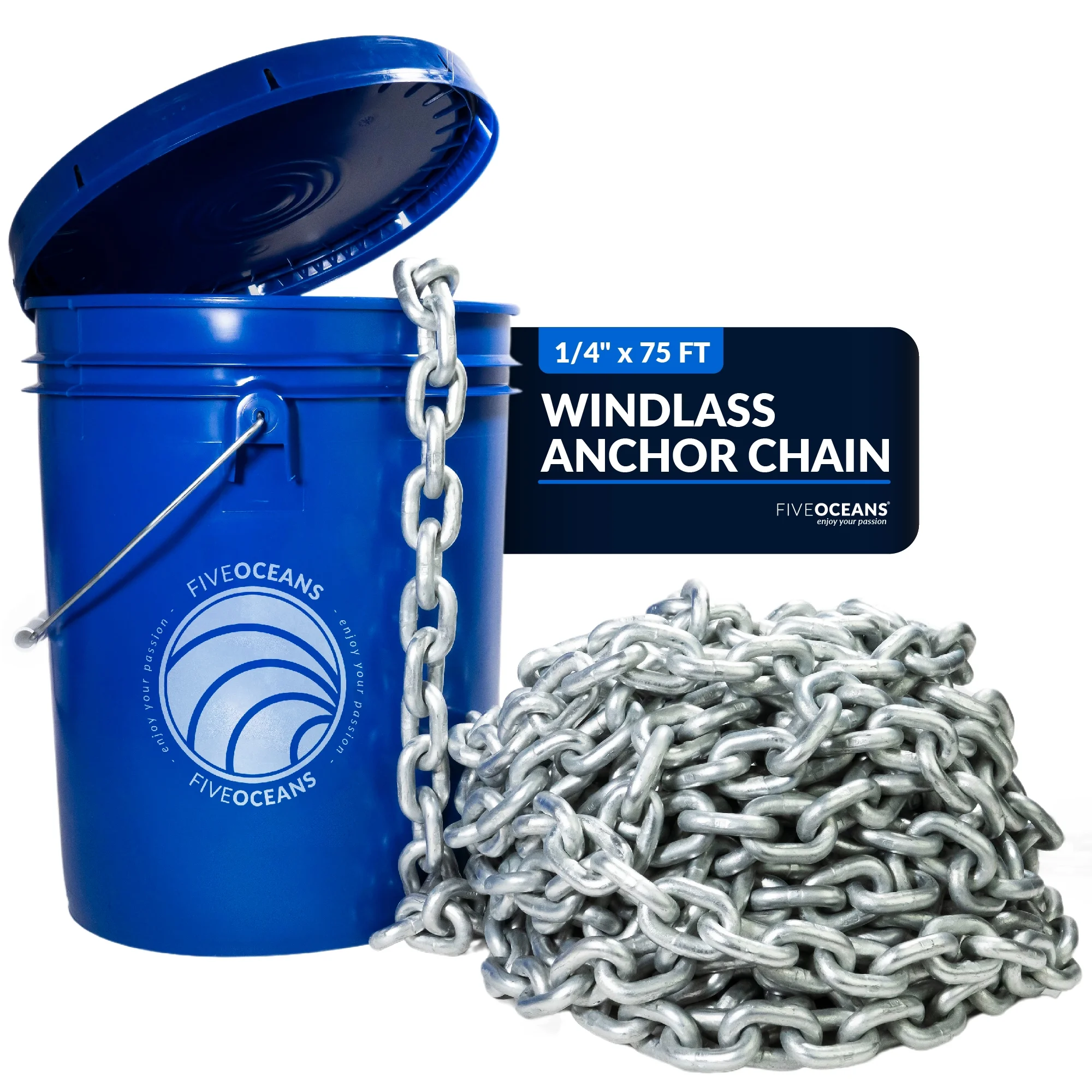 Five Oceans Marine Grade Windlass Anchor Chains for Boats, 1/4-Inch x 75 Ft, Grade 43 HT G4, High Test Hot Dip Galvanized Steel, Boat Anchor Chain - FO4489-M75
