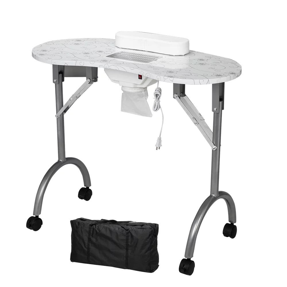 OmySalon Folding Manicure Table Nail Desk with Electric Dust Collector, Wrist Cushion & Carrying Bag
