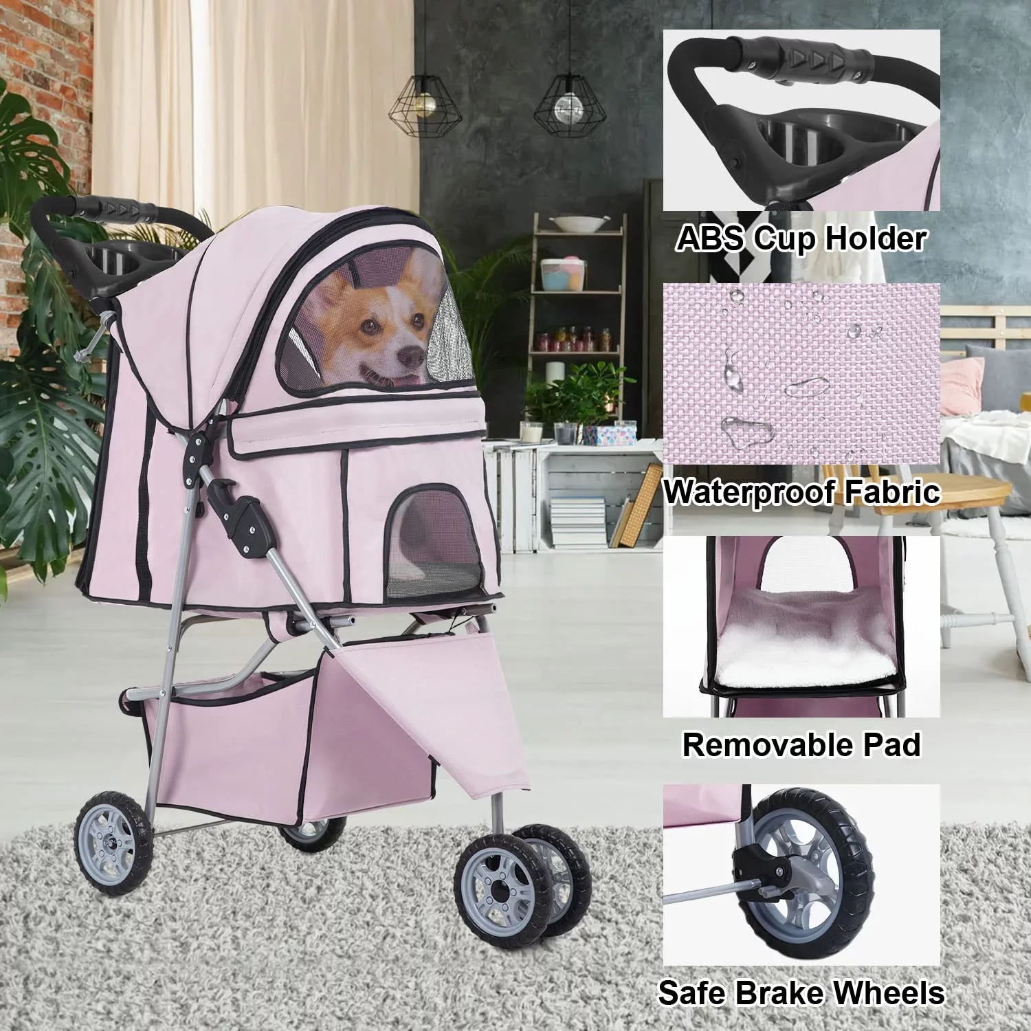 BestPet 3 Wheels Pet Stroller Dog Cat Stroller Folding Carrier Waterproof with Cup Holder (Light Pink)