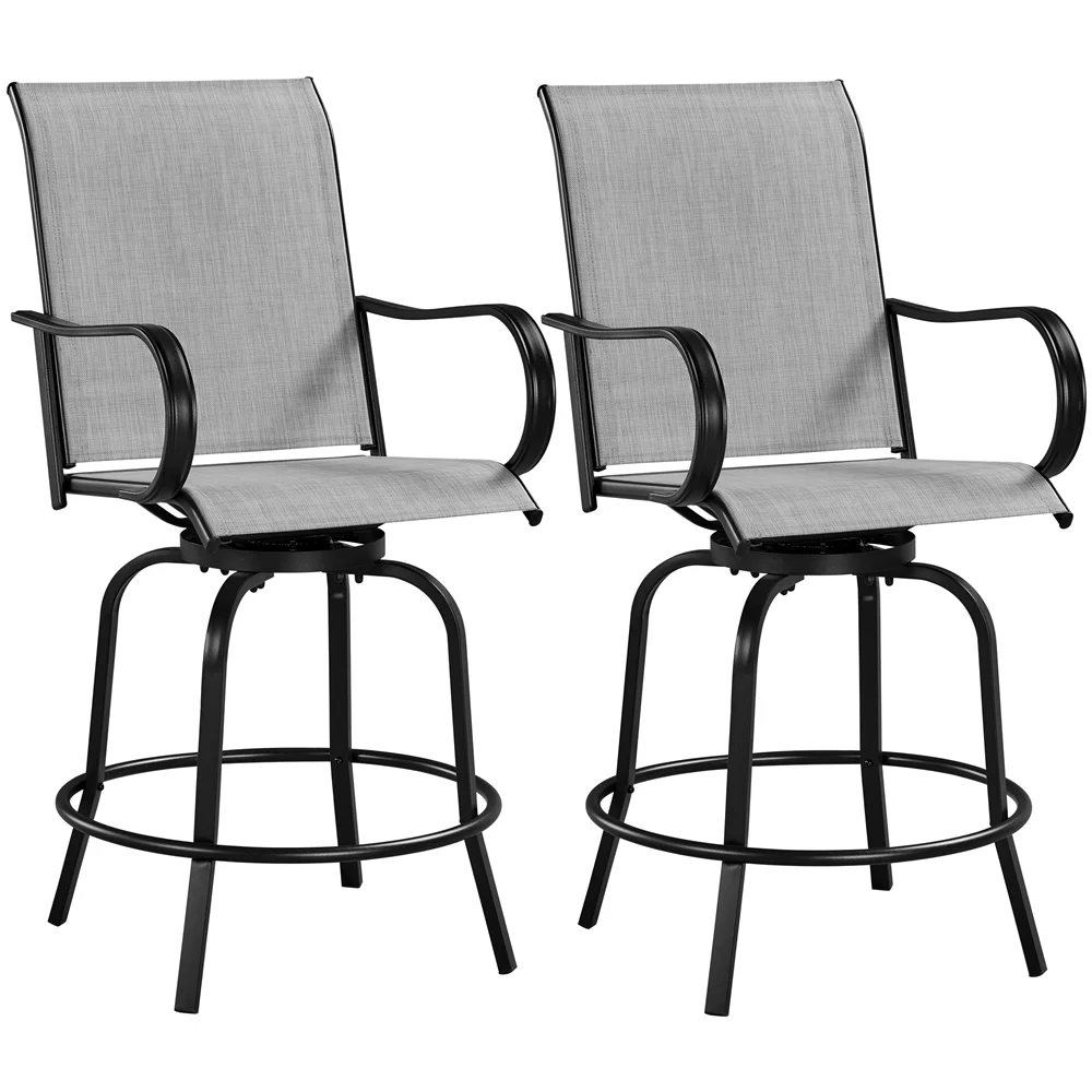 Yaheetech Outdoor Swivel Texteline Bar Stools with Armrest and Footrest, Set of 2, Black/Light Gray