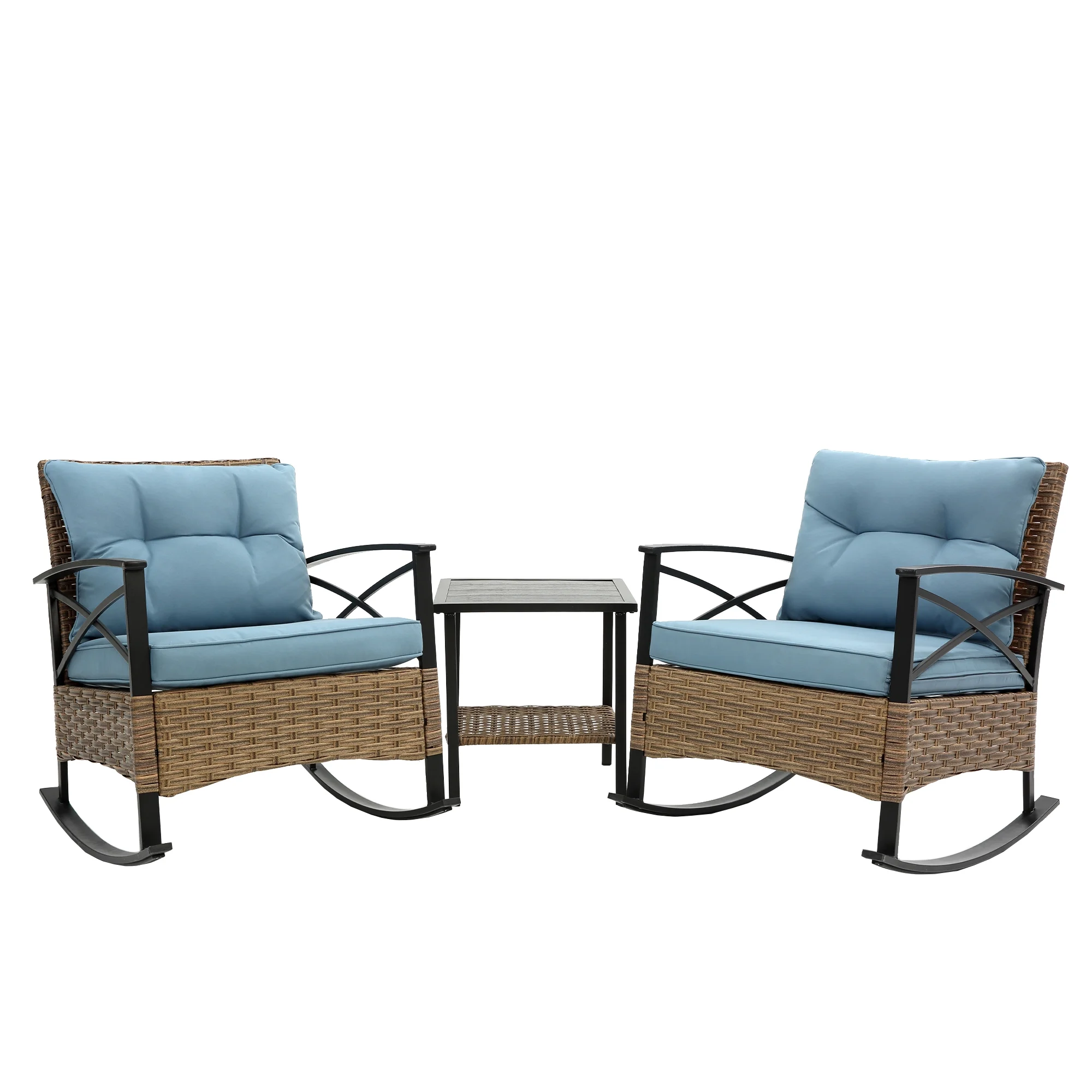 Highsound Outdoor Rocking Chairs Set of 2 with Side Table, 3 Piece Wicker Patio Bistro Set with Premium Fabric Cushions Outdoor Furniture (Brown Wicker Chair & Blue Cushion)