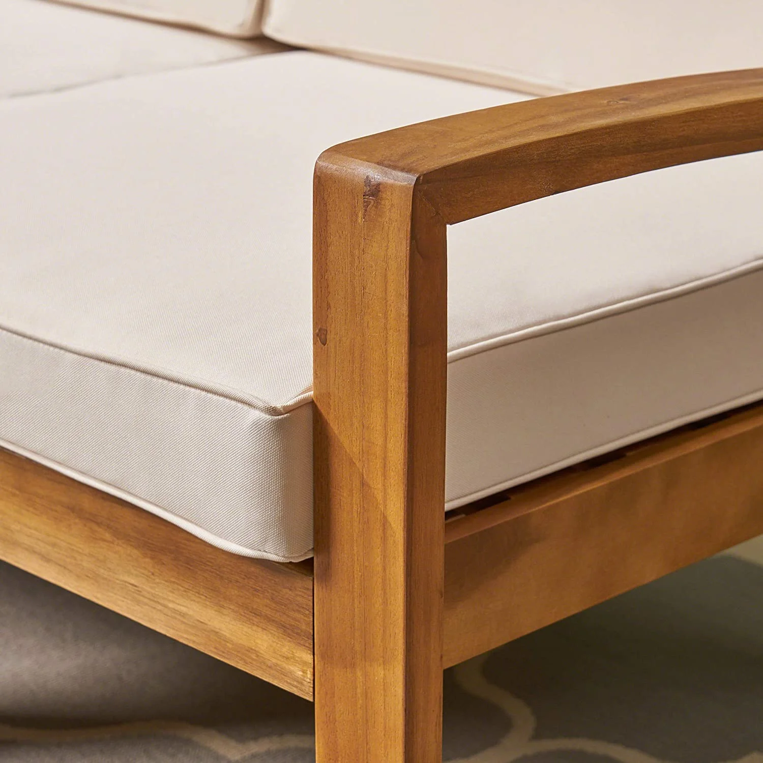 Grenada Sectional Sofa Set | 5-Piece 3-Seater | Includes Coffee Table and Ottoman | Acacia Wood Frame | Water-Resistant Cushions | Teak and Beige  Finish