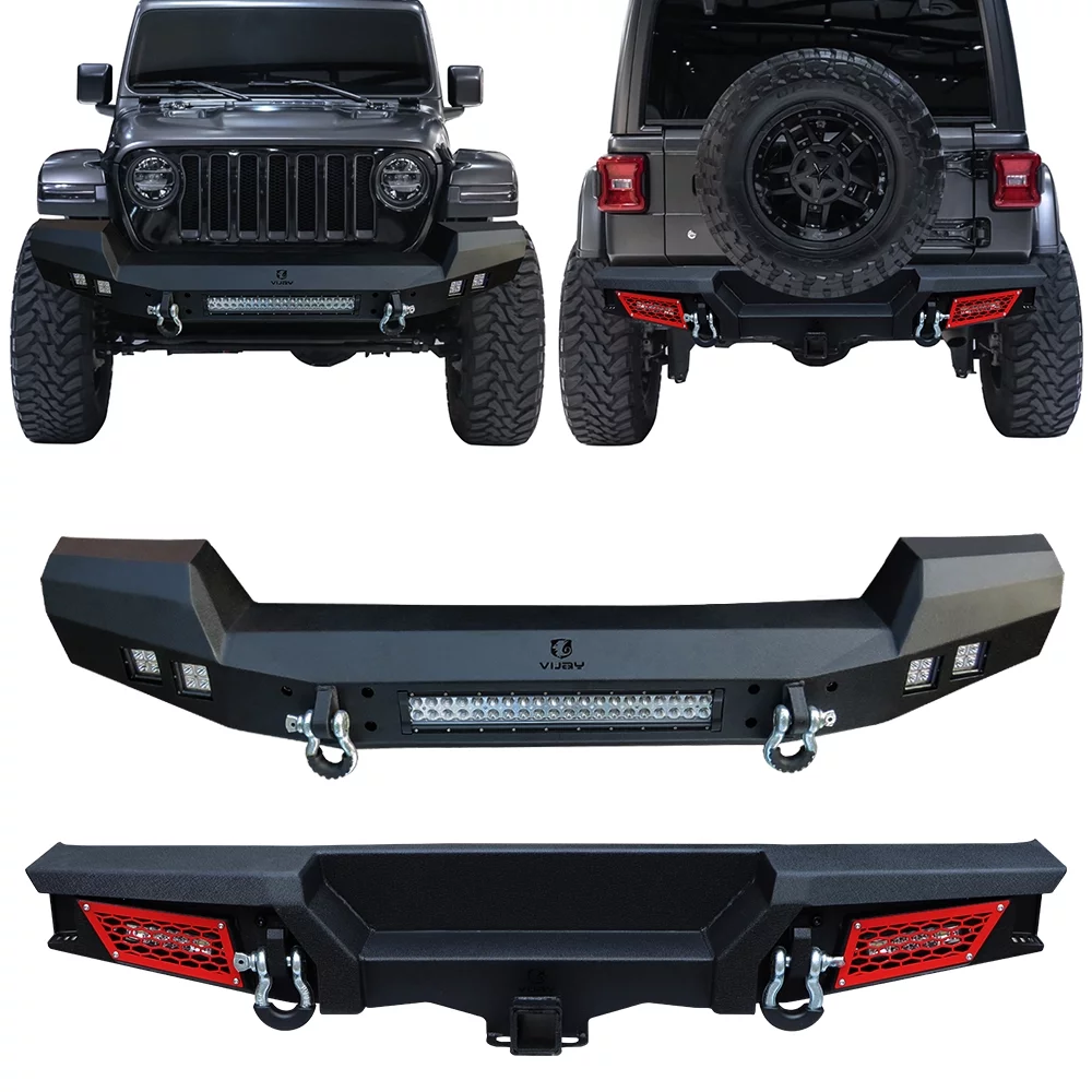 Vijay Front Rear Bumpers with Winch Seat Fits 2018-2021 Jeep Wrangler JL/JLU(Black Texture)