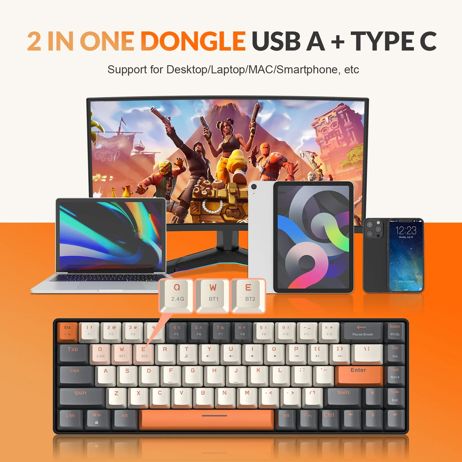 K68 60% Wireless Mechanical Keyboard, Bluetooth 5.0/2.4GHz 68 Keys Hot Swappable Red Switch for PC