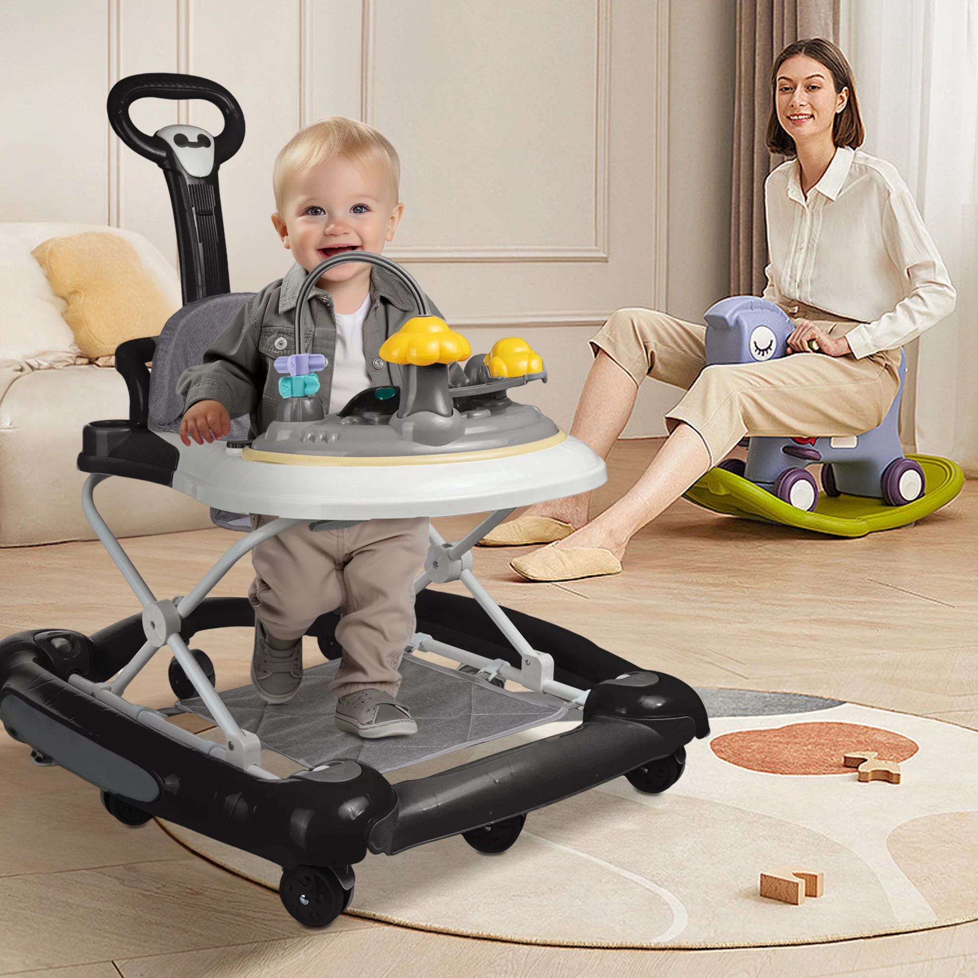 ANJORALA Baby Walker with Music and Toys, Infant Walker for Boys Girls, Adjustable Heights, Black