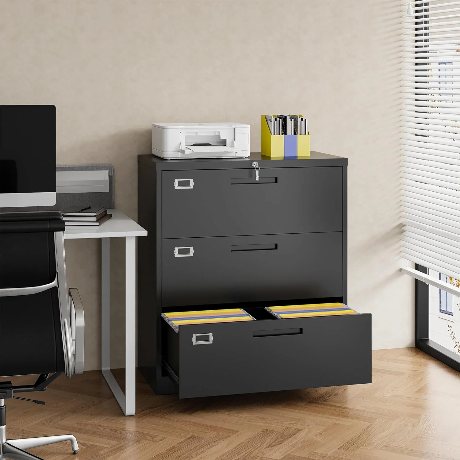 Lateral File Cabinet with Lock, 3 Drawer Metal Filing Cabinet, Lateral Filing Cabinet with Lock for Home Office, Locking Metal Steel Wide File Cabinet for Legal/Letter A4 Size