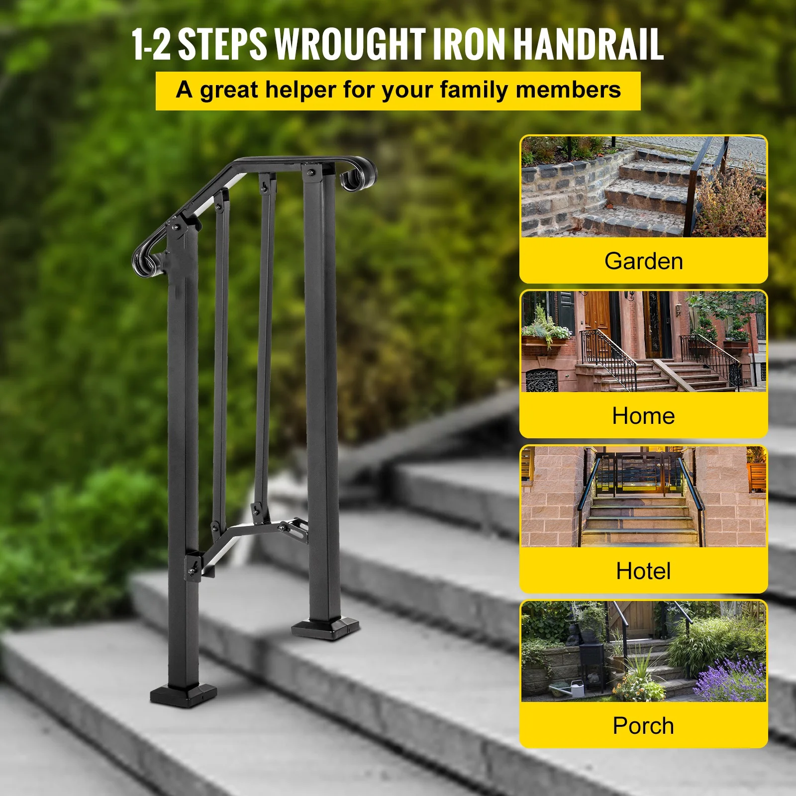 BENTISM Iron Handrail Picket Fits 1 or 2 Steps #1 RAILING Rail Paver Home Black