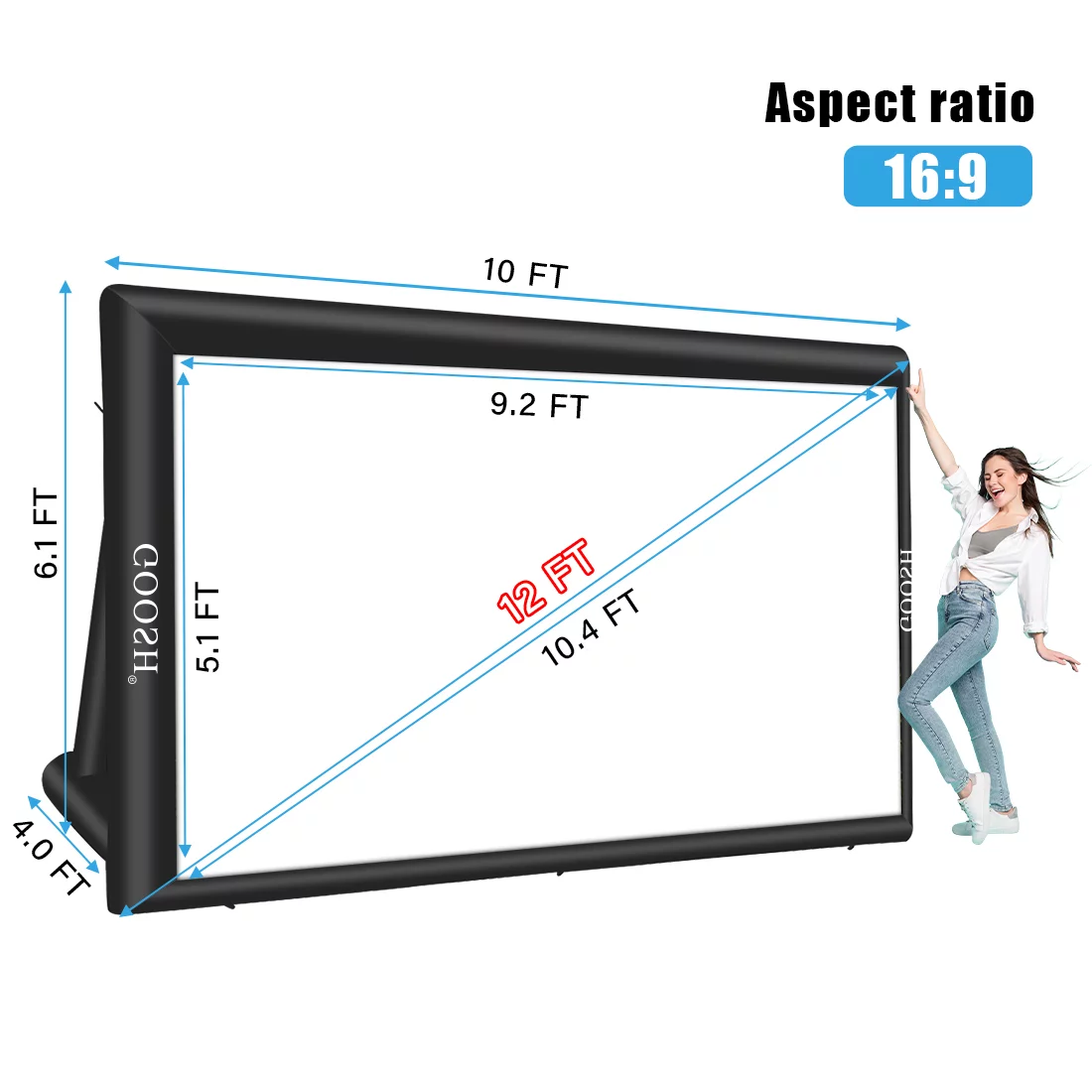 GOOSH 12 FT Inflatable Projector Screen, Portable Blow Up Movie Screen Outdoor Projector Screen Inflatable with Carry Bag for Front and Rear Projection, Movie Projector Screen for Backyard Movie Night