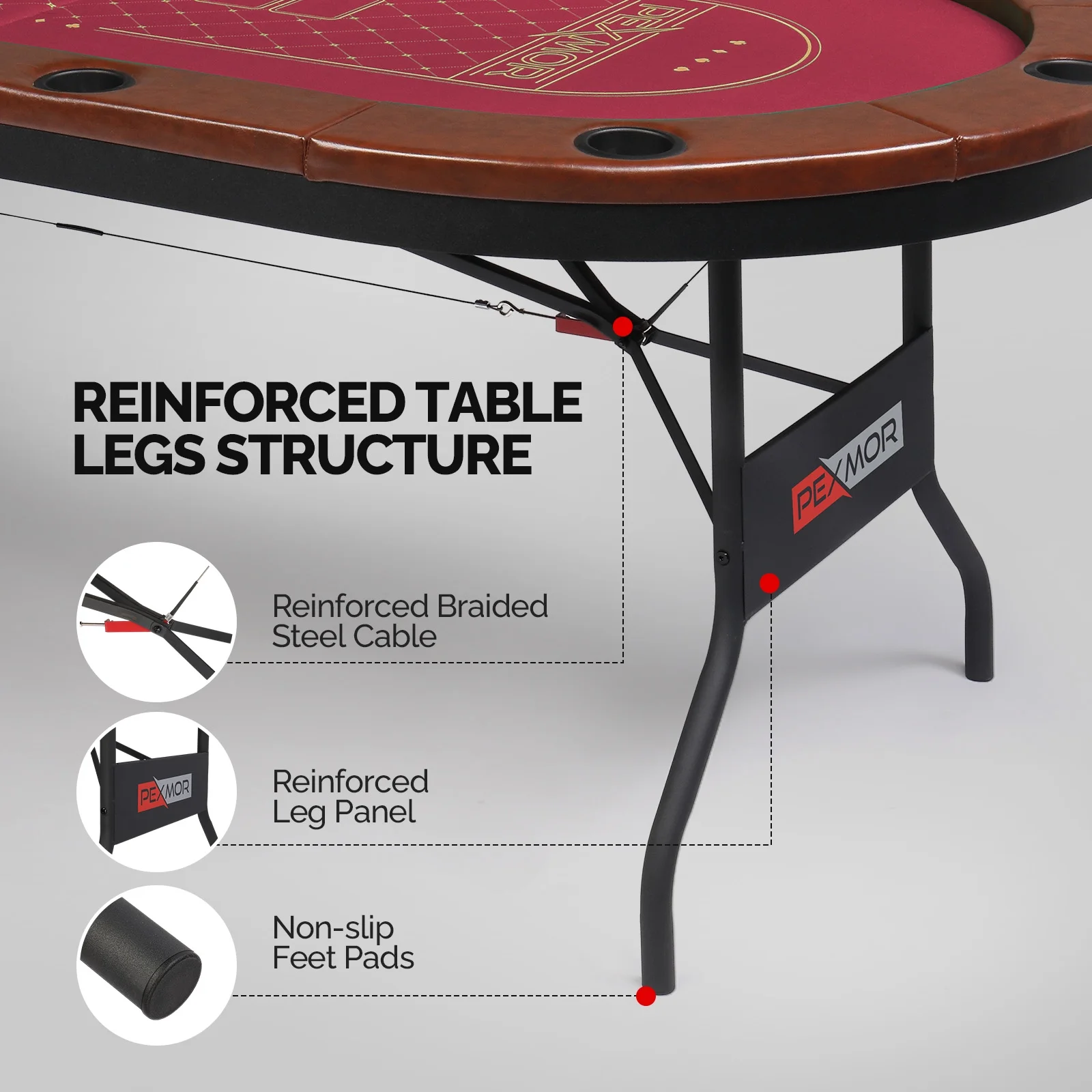PEXMOR Foldable 10 Player Poker Table, Folding Casino Table Texas Holdem Poker Table, Portable Blackjack Card Game Table w/Stainless Steel Cup Holders & Padded Rails