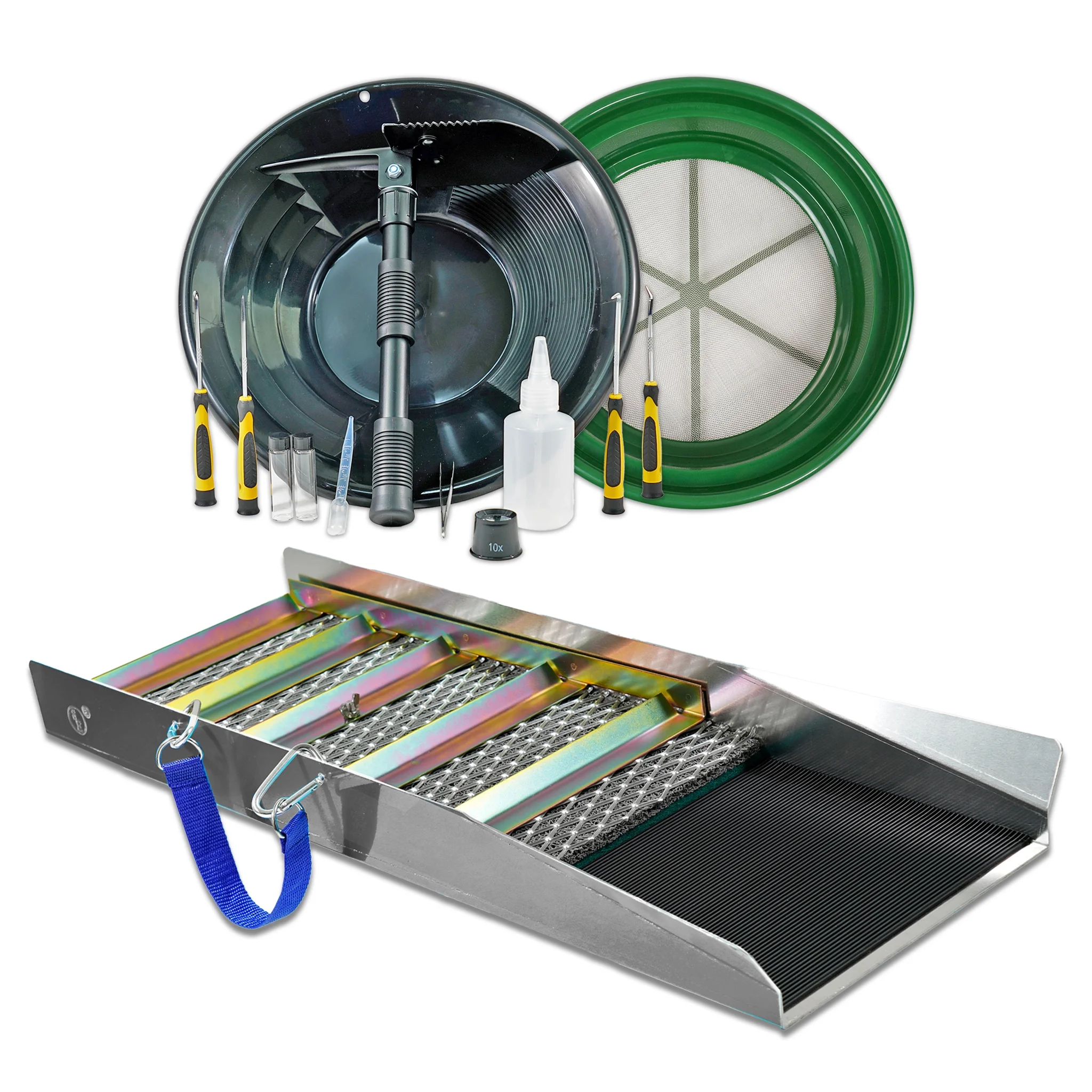 TerraX 11 pc Complete Kit: Complete Essentials for Successful Gold Hunting - Sluice Box, Gold Pan and Classifier, 3-in-1 Shovel, Crevice Set, and More