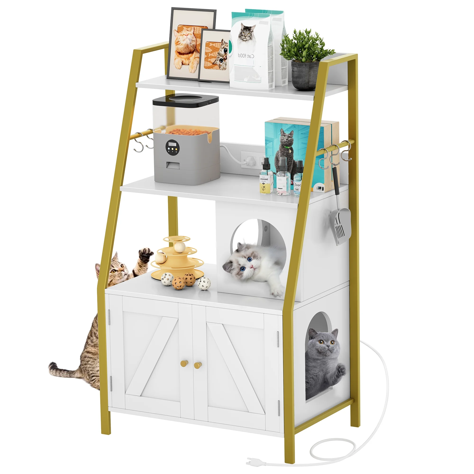 Dextrus Large Hidden Litter Cat Box Enclosure with Charging Station, 3 Shelves and Storage, Indoor Cat Box/House with Cat Tree for Most Litter Box - White & Gold