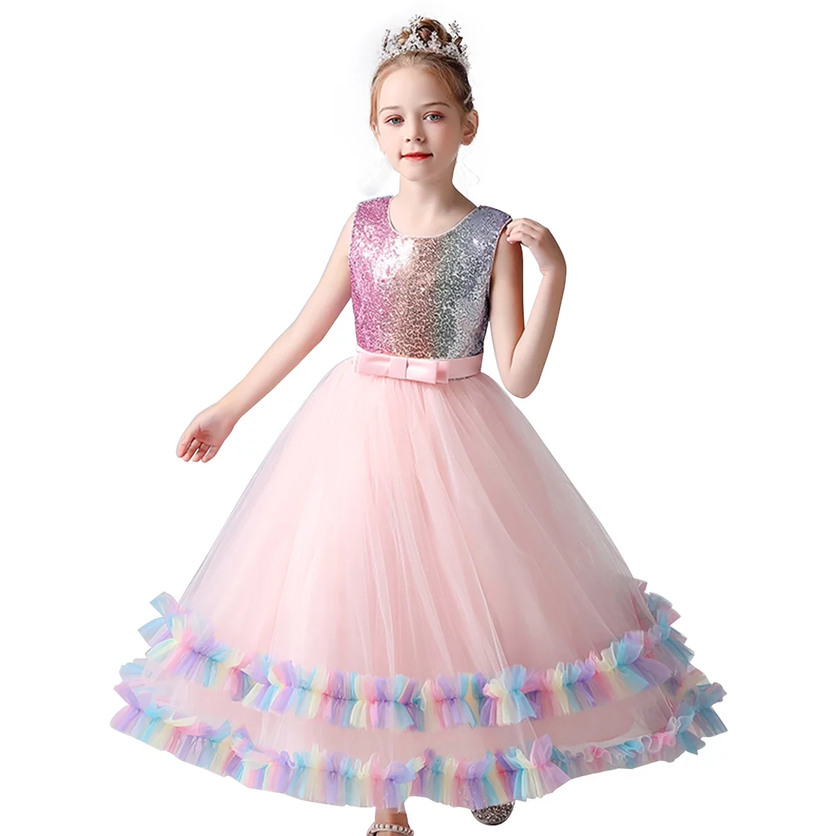 HAWEE Flower Girls Sequin Dress Rainbow Tulle Pageant Birthday Party Princess Dress Wedding Maxi Gown for 4-16 Years Old