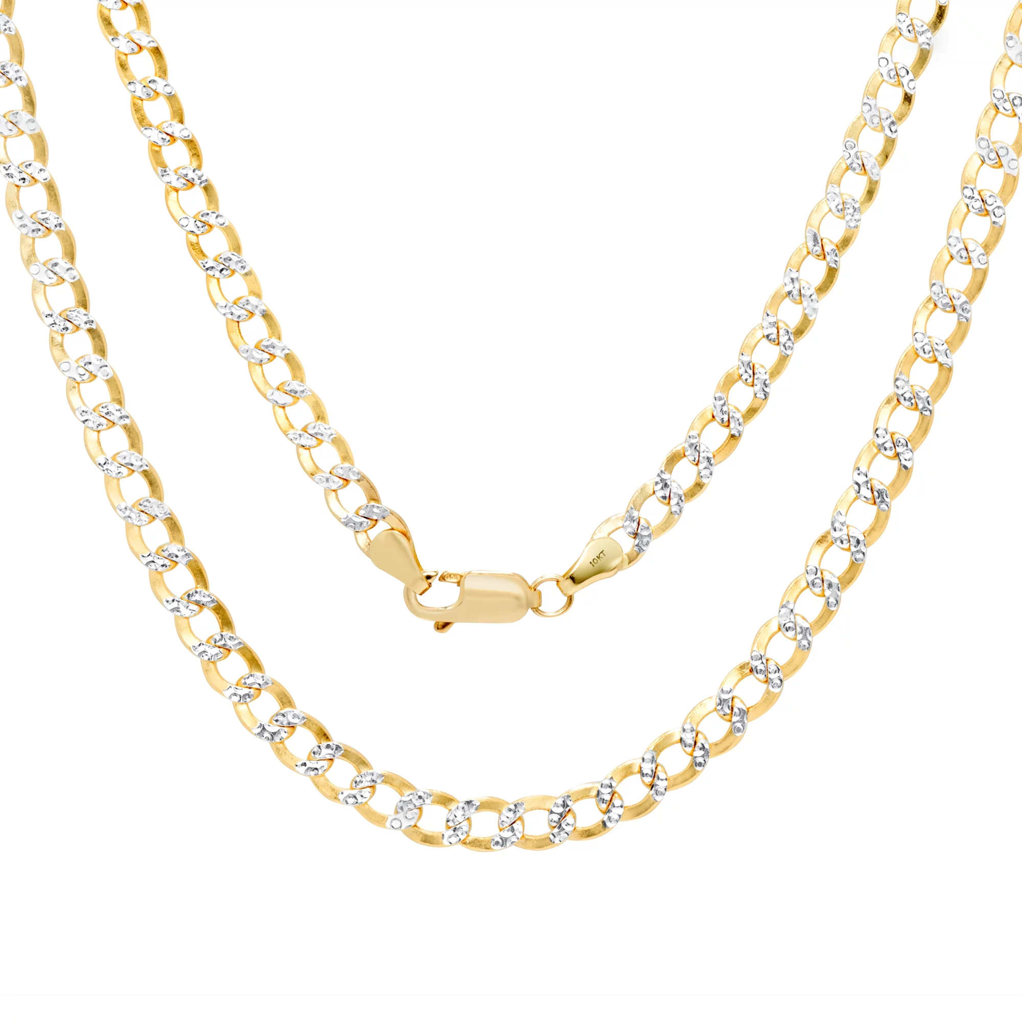 Nuragold 10k Yellow Gold 4.5mm Cuban Chain Curb Link Diamond Cut Pave Two Tone Bracelet, Mens Womens Jewelry 7