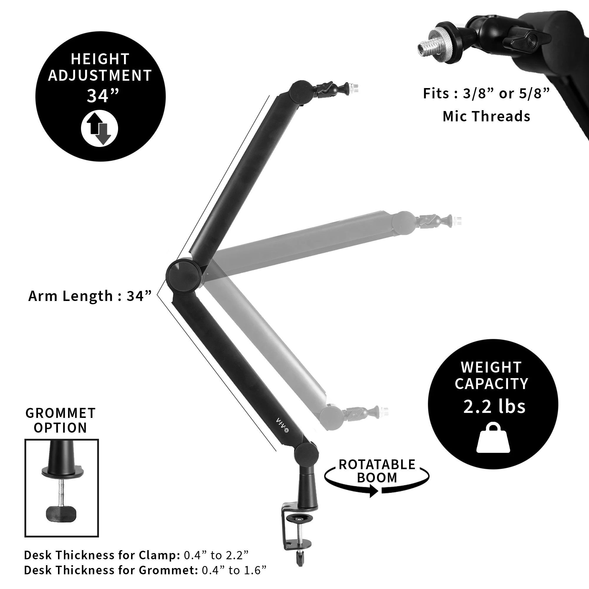 VIVO Premium Clamp-on Microphone Boom Arm Stand, Heavy Duty Desk Mount