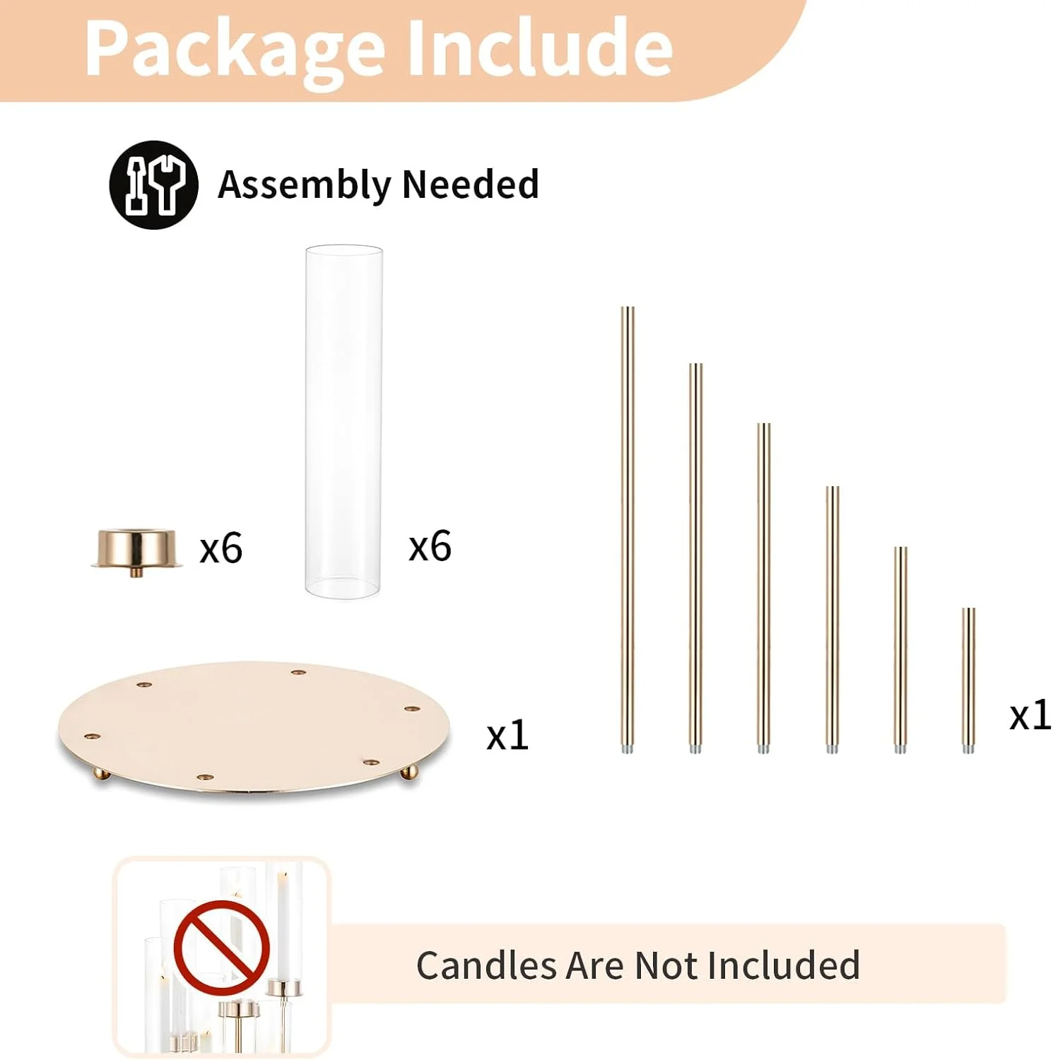 Hurricane Glass Candle Holders 6 Arm Gold Metal Candlestick Candelabra with Removable Clear Cylinder Sleeve 24 inch Taper Holder