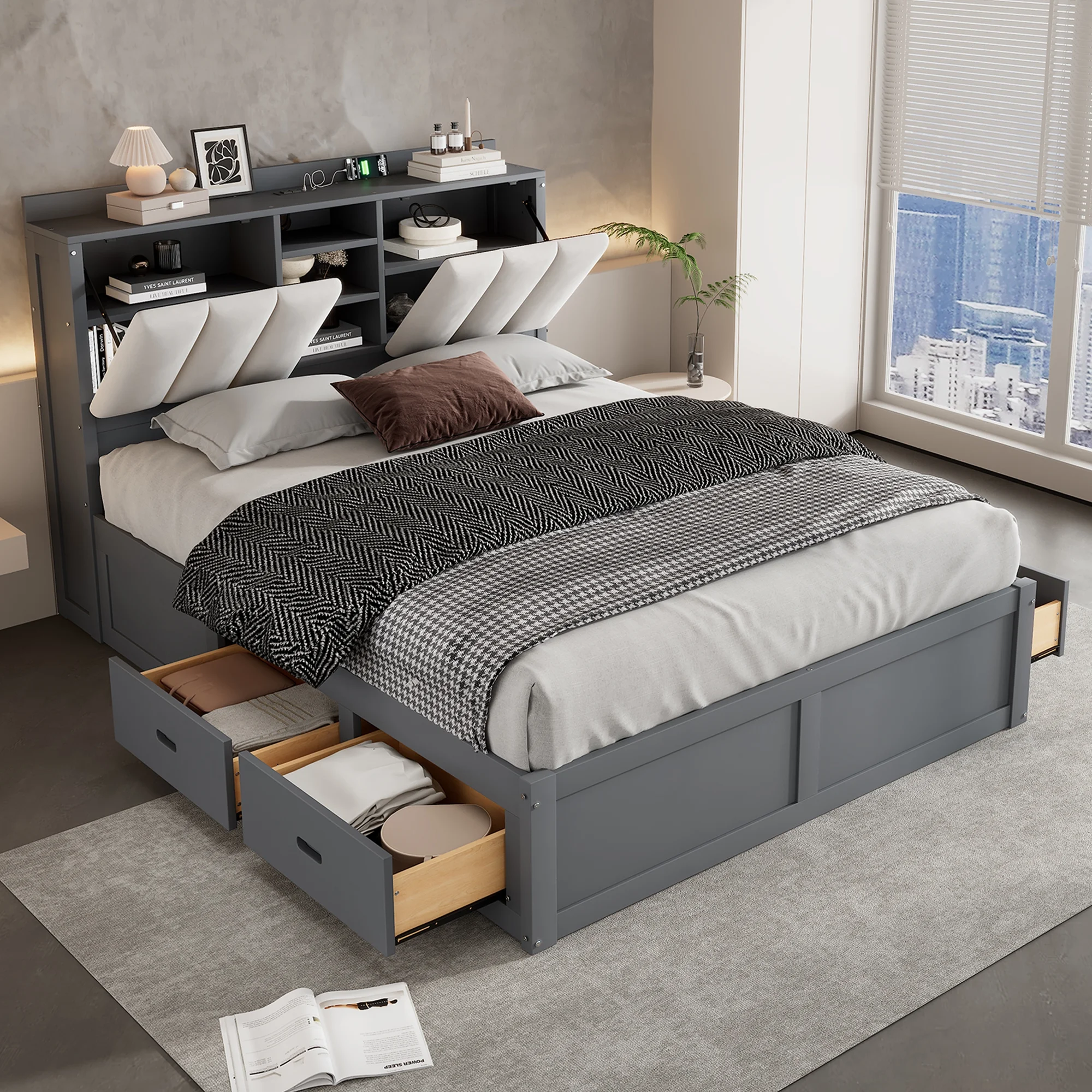 Churanty Full Size Platform Bed with Upholstered Storage Headboard and 4 Drawers, Wood Bed Frame with USB Charging Station, Gray
