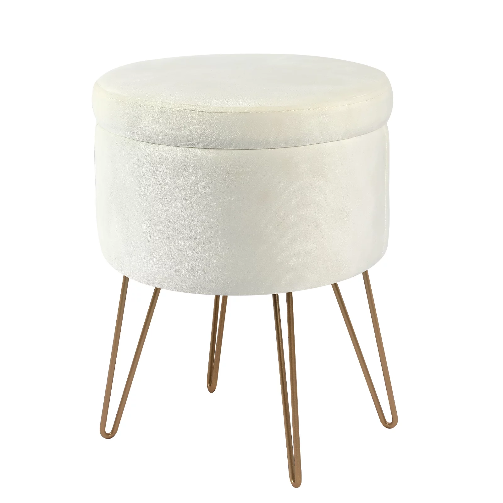 Fionafurn Round Storage Ottoman, Velvet Vanity Stool Foot Rest Removable Lid - Cream Color