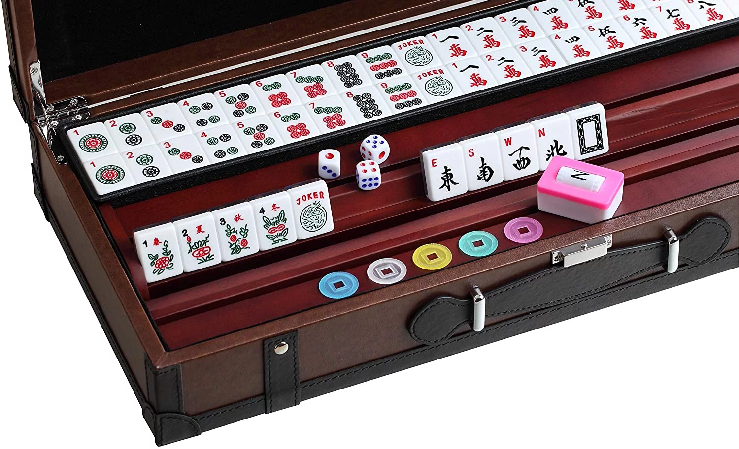 166 American Mahjong High-End Mahjong Suitcase Limited Edition Embedded Masterpiece Background 4 Wooden Pushers + Racks 166 Numbered Tiles Complete American Mahjong Set in Leather Suitcase Van Gogh