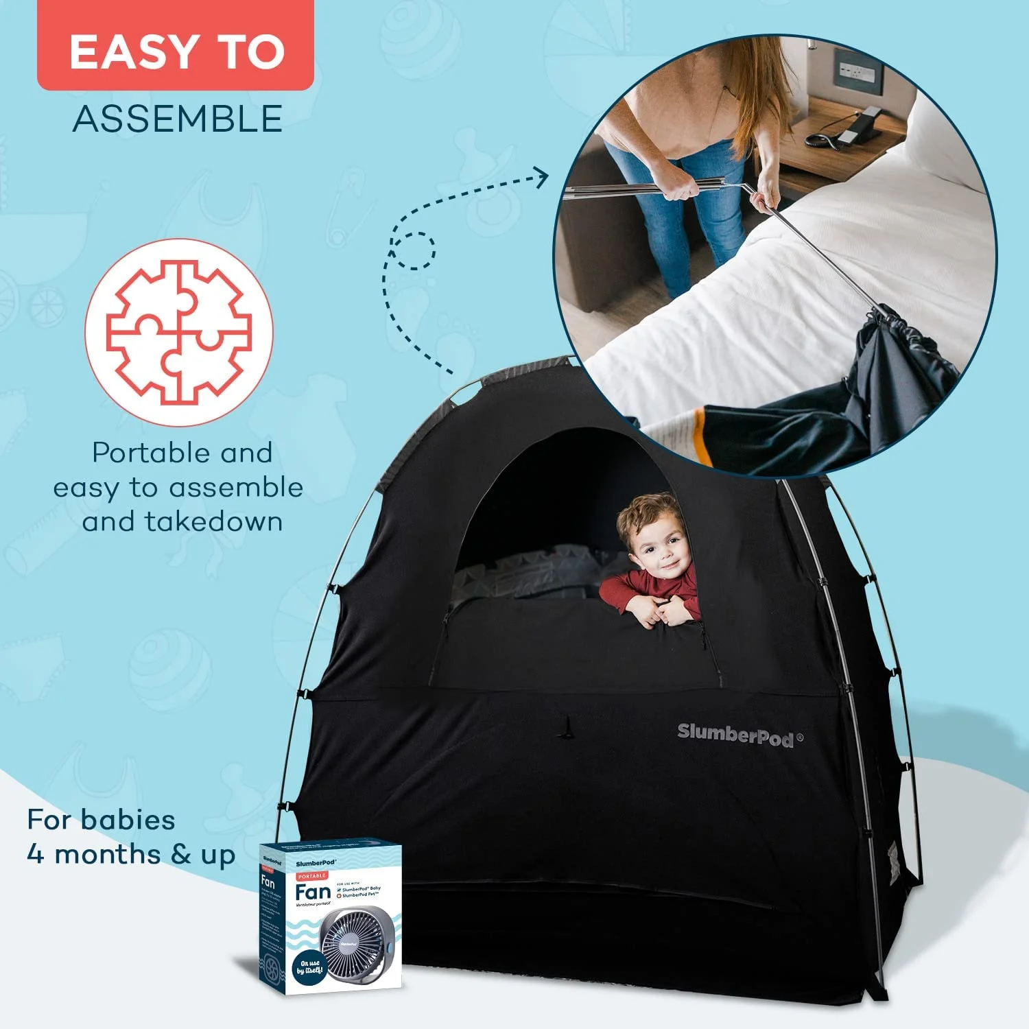 SlumberPod and Fan Combo 3.0  Portable Privacy Pod Blackout Canopy Crib Cover  Sleeping Space for Age 4 Months and Up  Pack n Play Blackout Cover  Baby Travel Crib Canopy (Black/Grey)