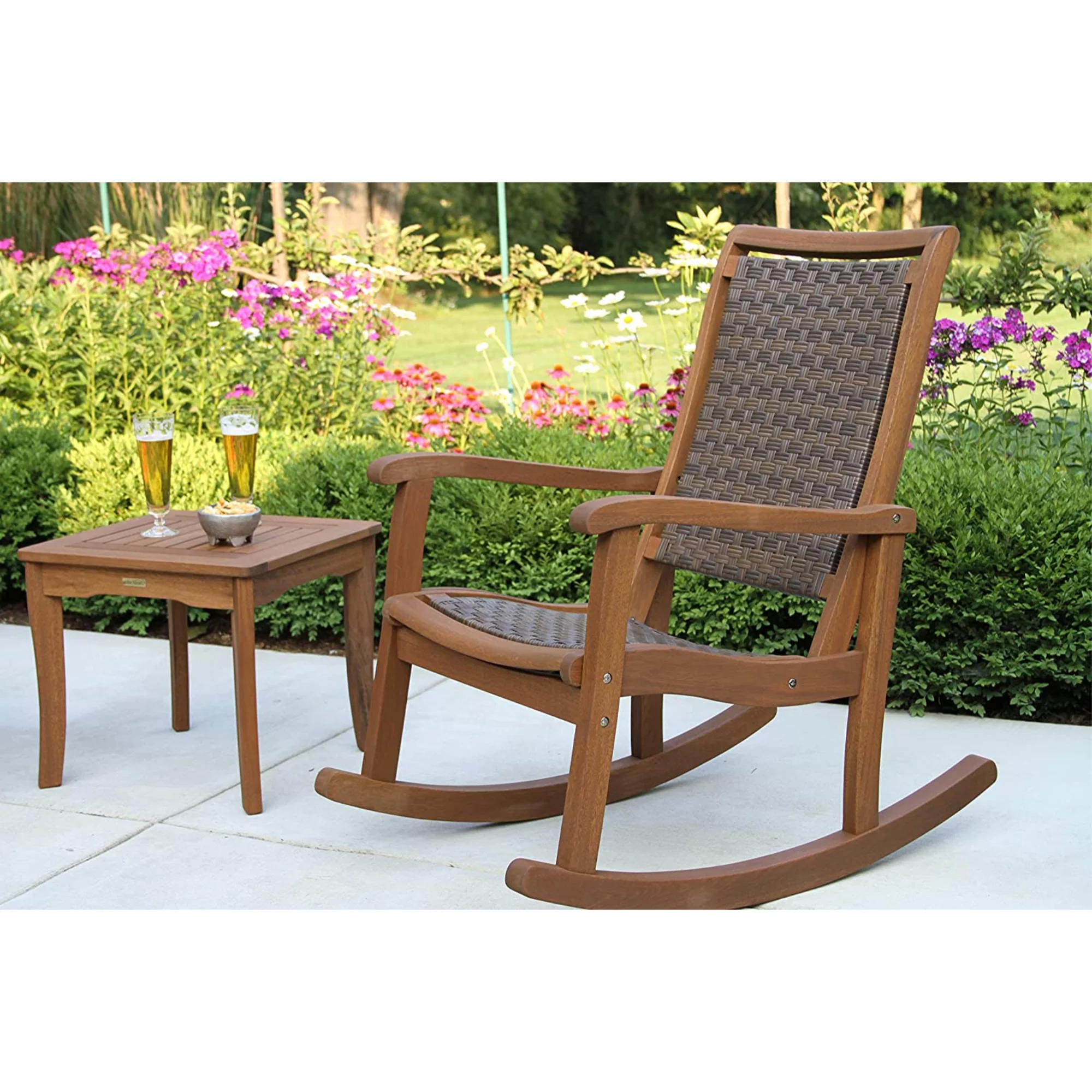 Outdoor Interiors All-Weather Breathable Wicker Eucalyptus Wood Rocking Chair for Decks, Patios, and Porches, Mocha Brown