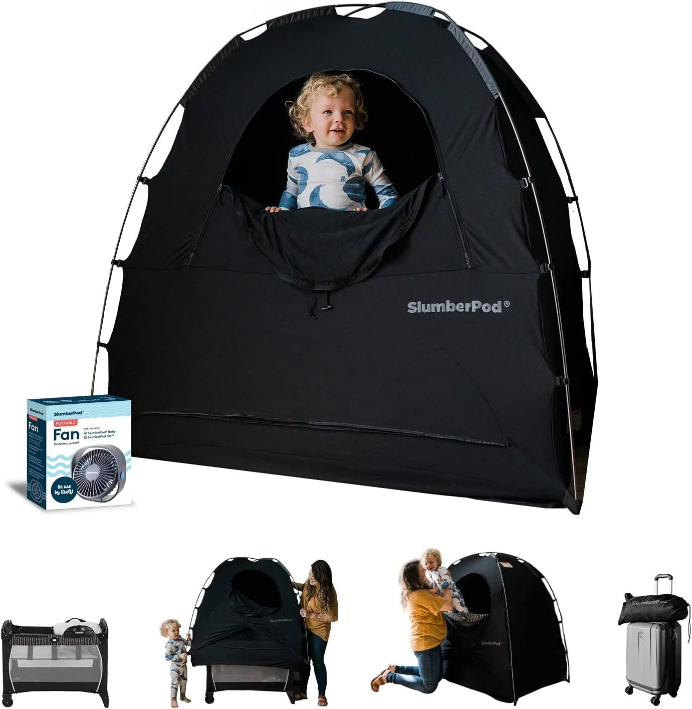SlumberPod and Fan Combo 3.0  Portable Privacy Pod Blackout Canopy Crib Cover  Sleeping Space for Age 4 Months and Up  Pack n Play Blackout Cover  Baby Travel Crib Canopy (Black/Grey)