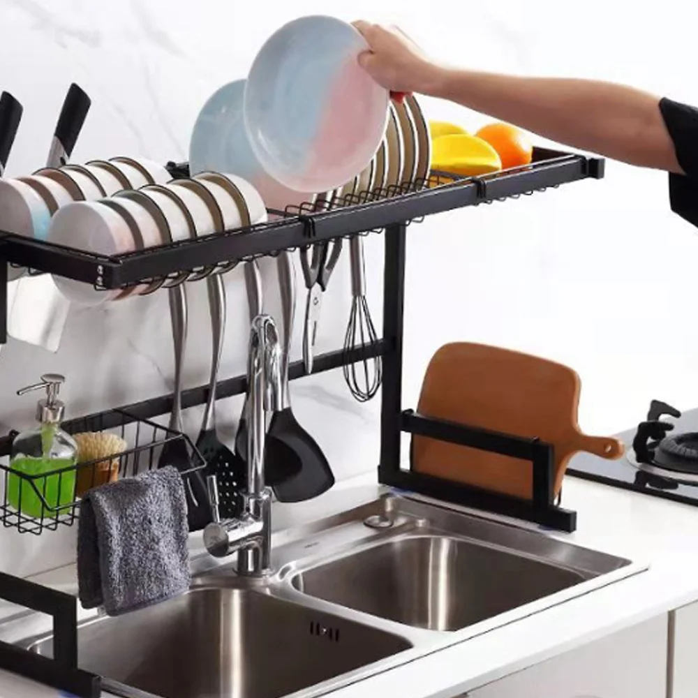Dish Self Over the Sink Dish Racks for Kitchen Counter 2 Tier Full Stainless Steel Over Sinks Dry Rack , Multifunctional Over Sinks Shelf , Over Sinks Dish Drying Rack ,Black (Single Sink-85CM)