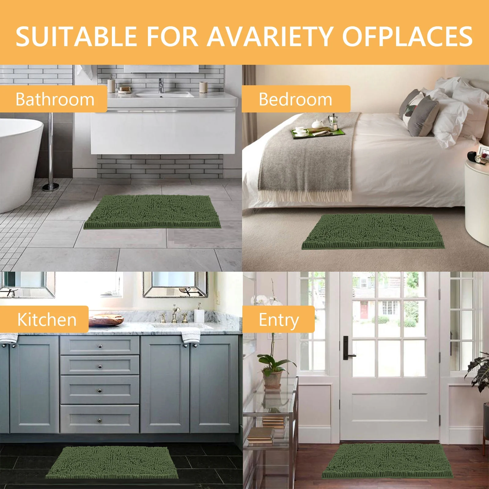 Tripumer  Bathroom Rugs Sets 2 Piece Chenille Bath Mat Sets Shaggy Microfiber Rugs Sets Bath Mats for Bathroom Extra Soft Absorbent Olive Green