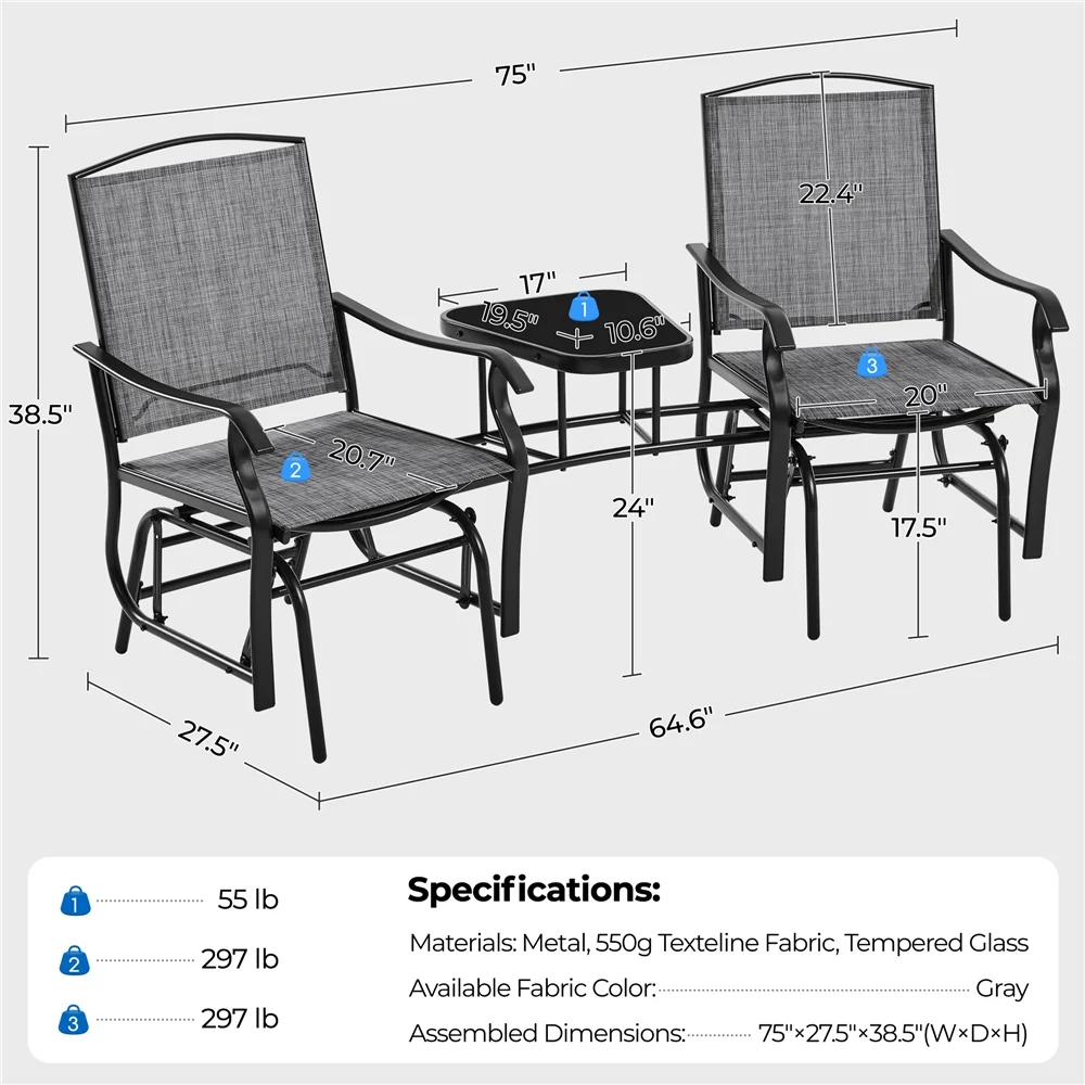 Yaheetech 2-Person Patio Glider with Table, Gray