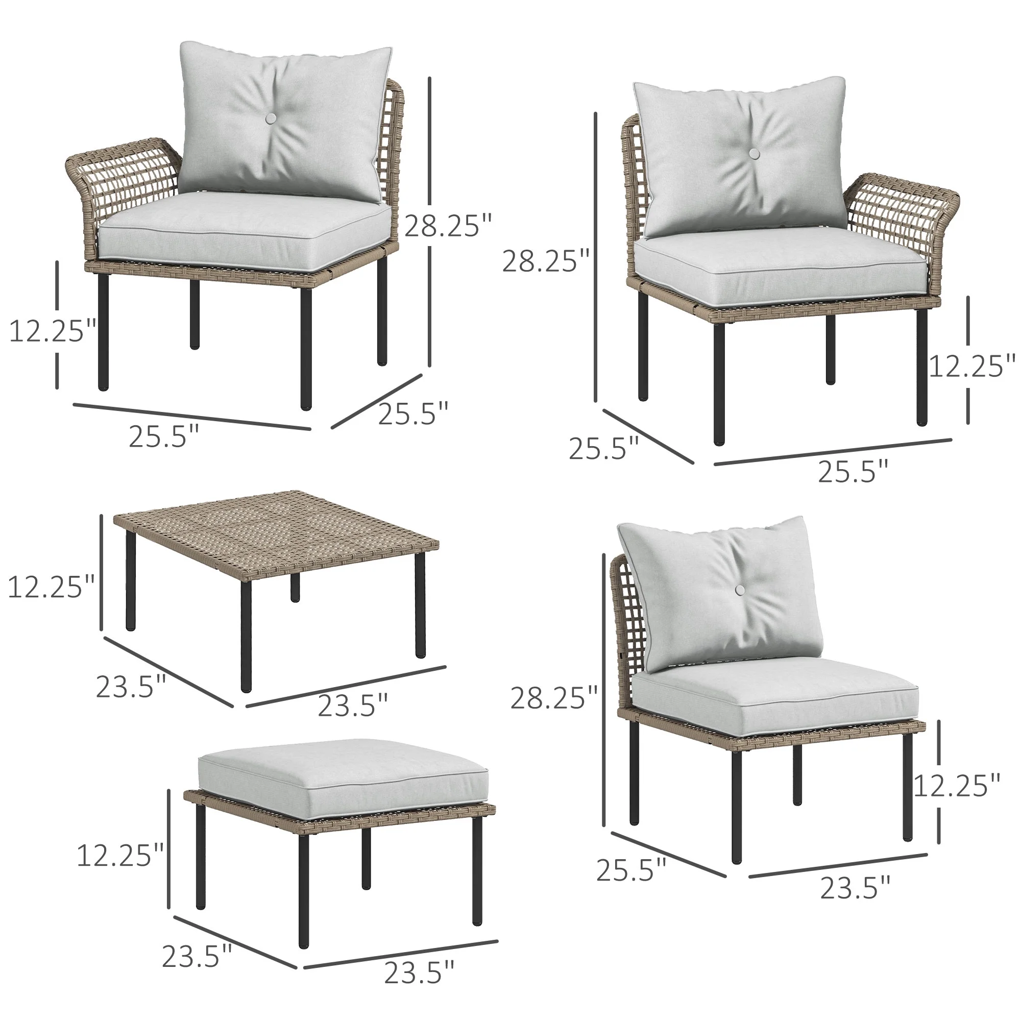 Outsunny 5 PCs Patio Furniture Set with Sofa, Chaise Lounge, Table, Cream