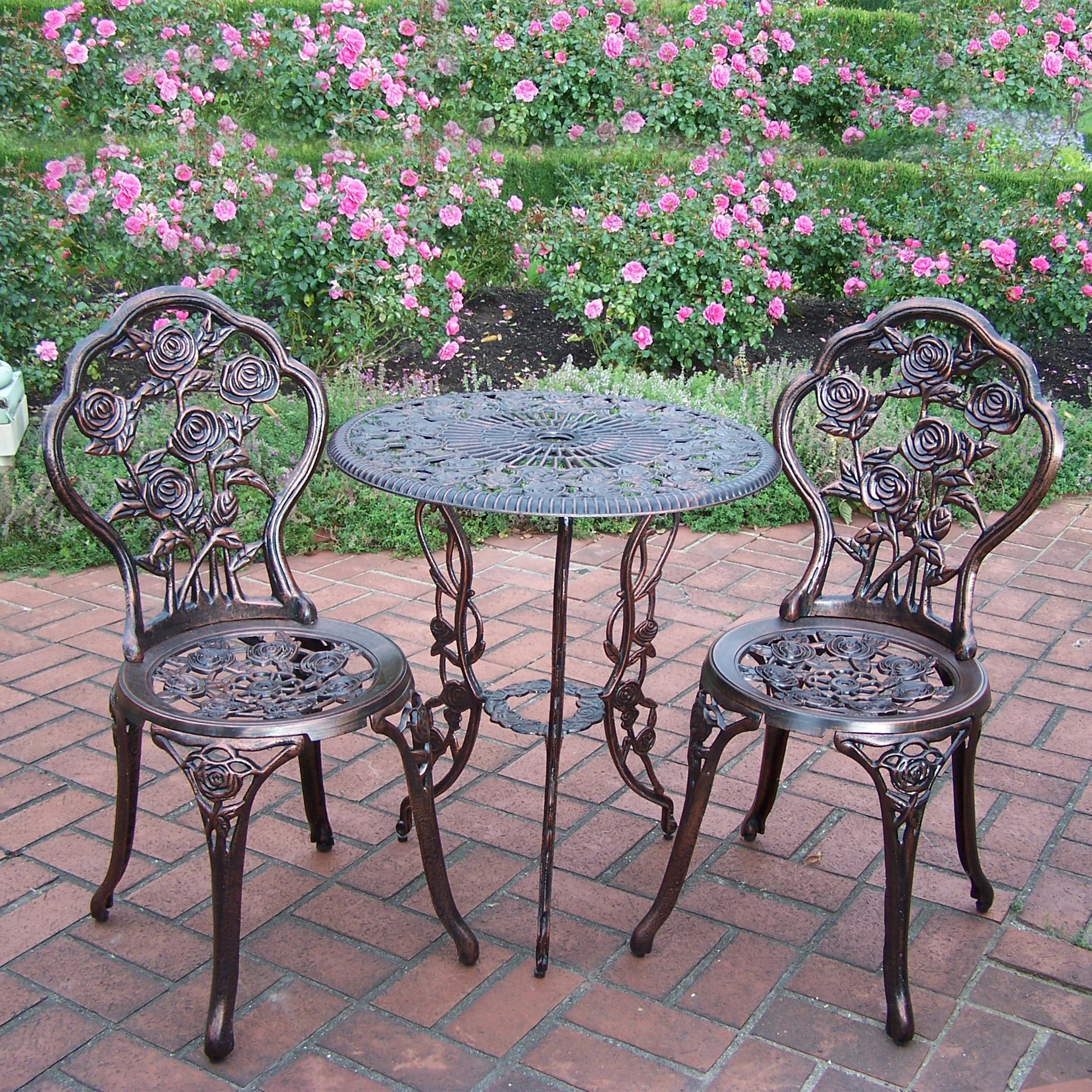 Cast Aluminum Metal Antique Bronze 3 Piece Patio Rose Bistro Set