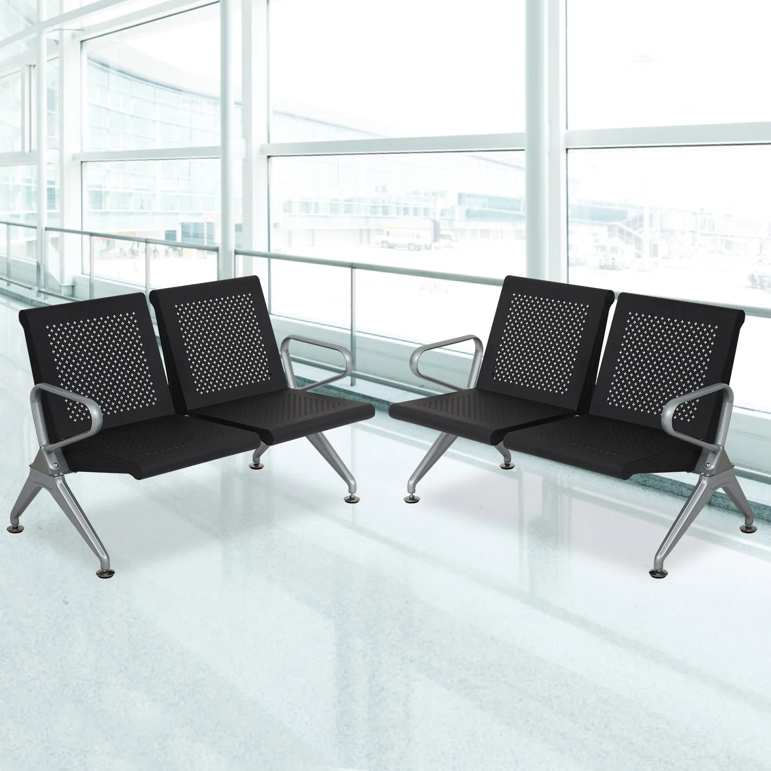 Kinbor 4-Seat Office Waiting Room Chairs, Reception Guest Bench w/ Steel Frame, Black