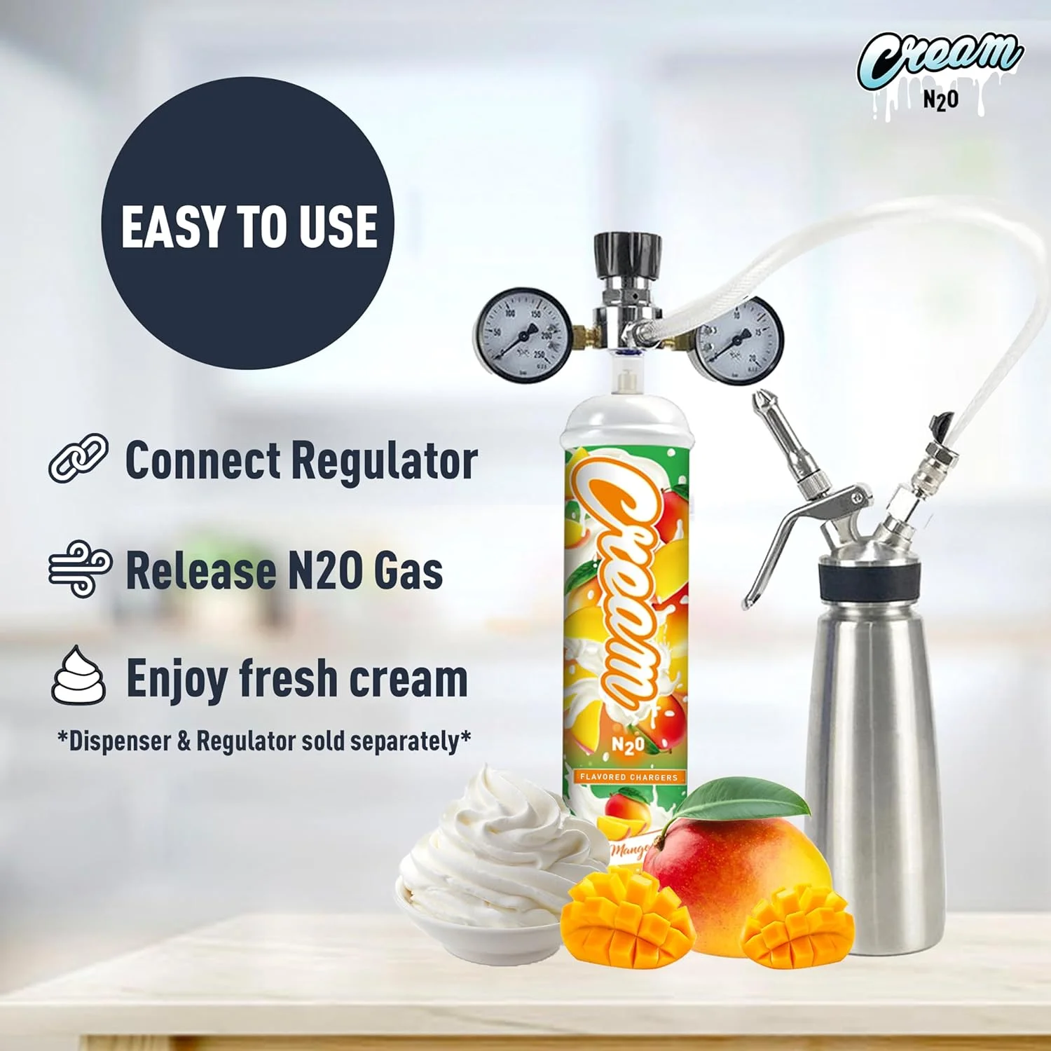 CREAM N2O Nitrous Oxide Whipped Cream Charger (Mango, 1pc, 640g 1.1L) - Nitrous Tank Whip Cream Charger, Nitrous Oxide Canister, N20 Whipped Cream Chargers, Whip It NO2 Cartridges, Nitrous Oxide Tank