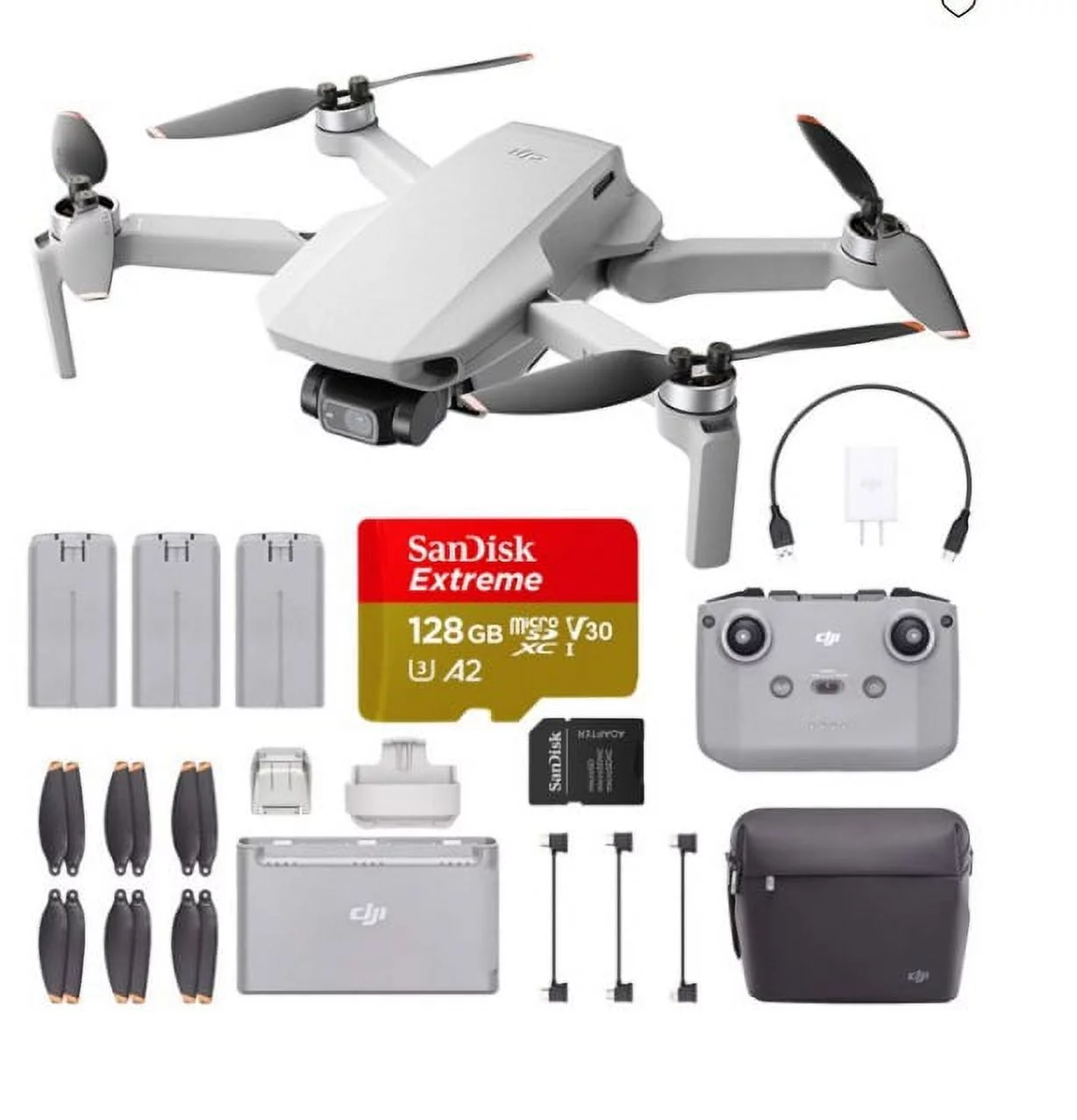 DJI Mini 2 Fly More Combo, 128GB Bundle – Ultralight Foldable Drone, 3-Axis Gimbal with 4K Camera, 12MP Photos, 31 Mins Flight Time, OcuSync 2.0 10km HD Video Transmission, QuickShots, Gray