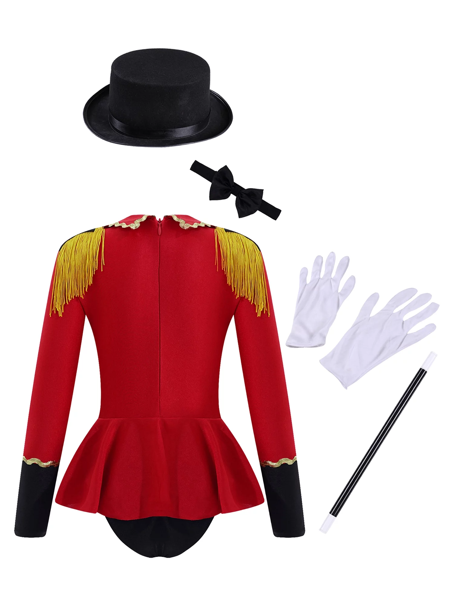 TiaoBug KIds Girls Ringmaster Circus Costume Long Sleeve Tassel Tailcoat Leotard Bodysuit with Bow Tie Hat Magic Wand Gloves Red 10