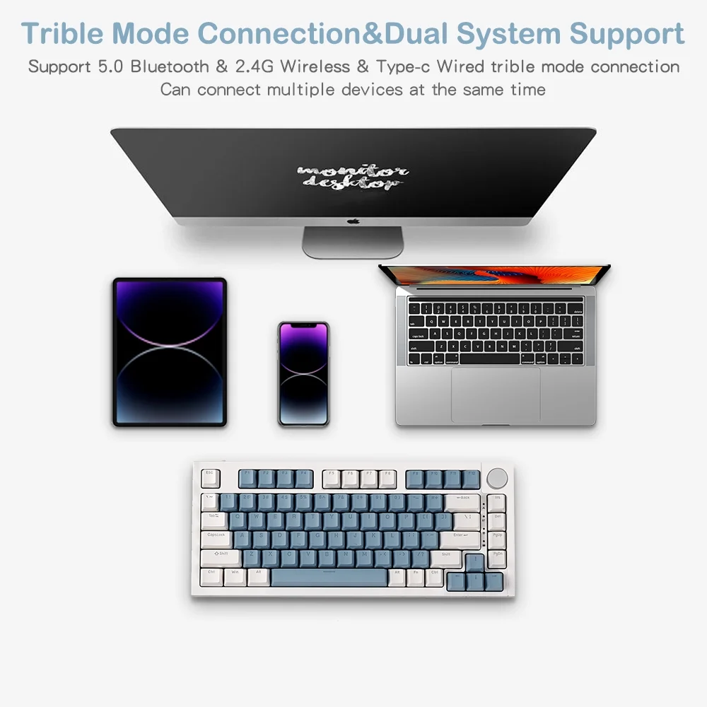 RECCAZR KW75S Wireless Mechanical Keyboard, GASKET Hot-swappable Gaming Keyboard, Bluetooth/2.4GHz/USB-C, 81 Keys, RGB Backlit (White Blue, OUTEMU Red Switch)