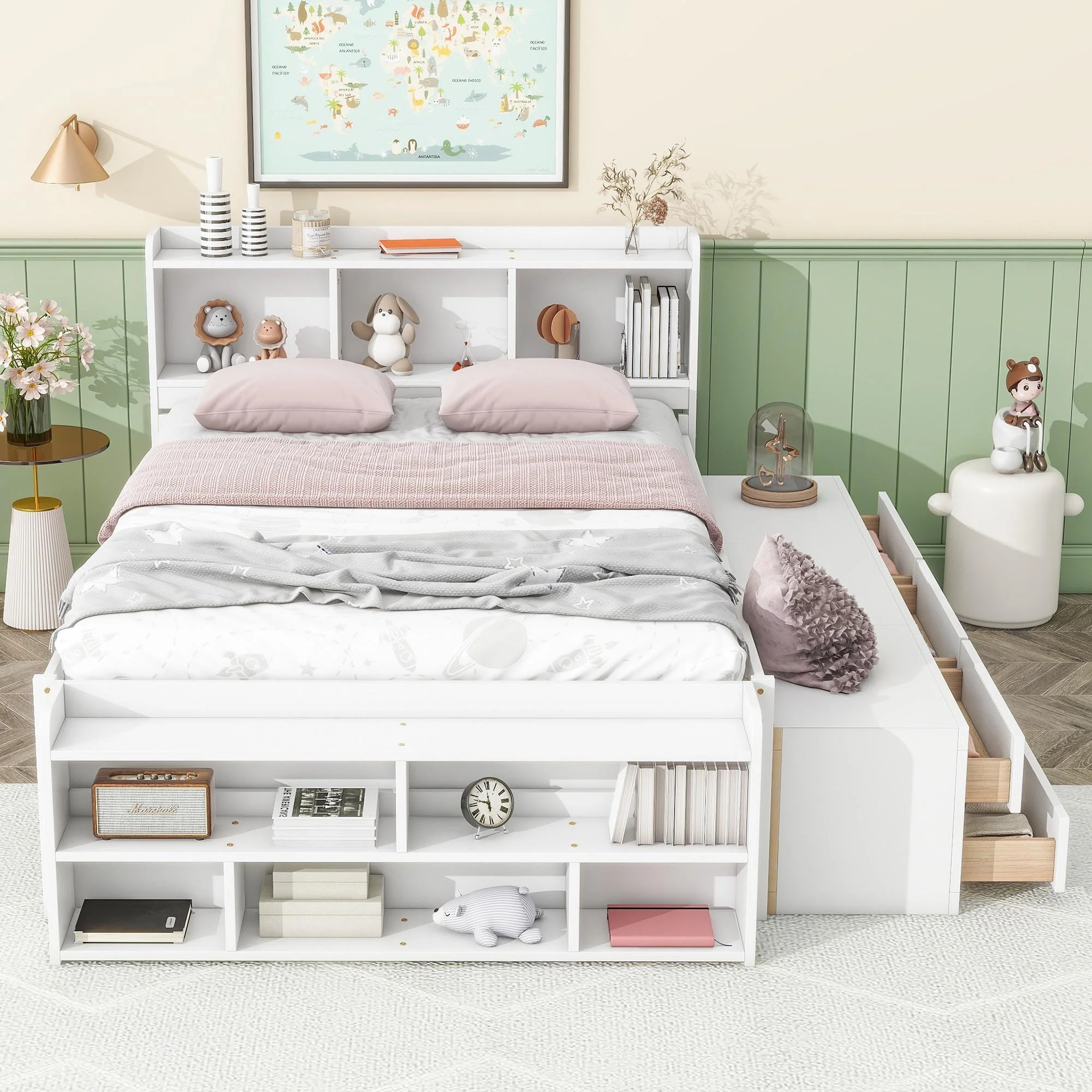 Bellemave Full Storge Bed Frame with Bookcase Headboard, Wood Platform Bed with 6 Drawers and End Storage Case, Full Size Bed Frame for Kids Teens Adults (White)