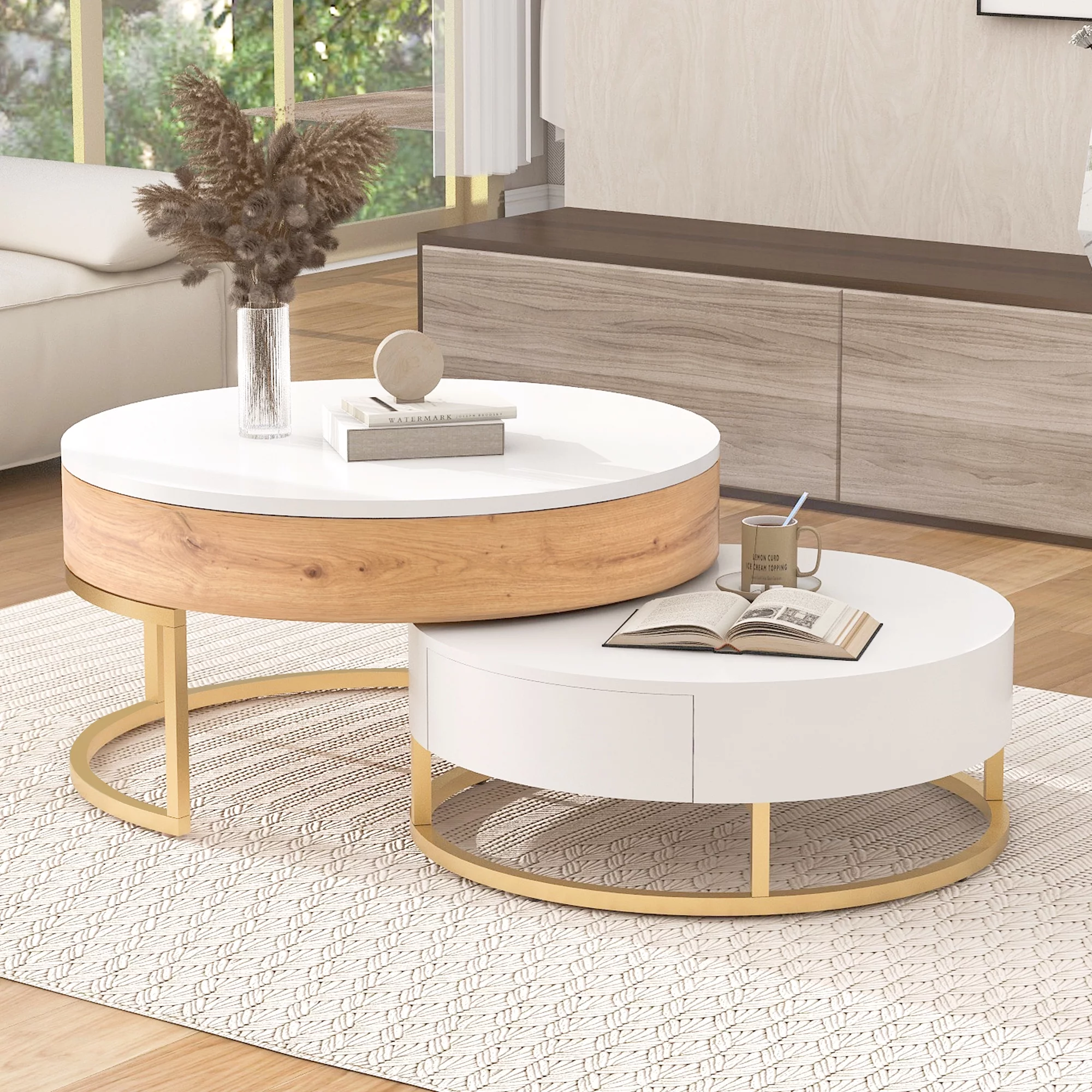 DeeHome Modern Round Lift-top Nesting Coffee Tables with 2 Drawers White & Natural